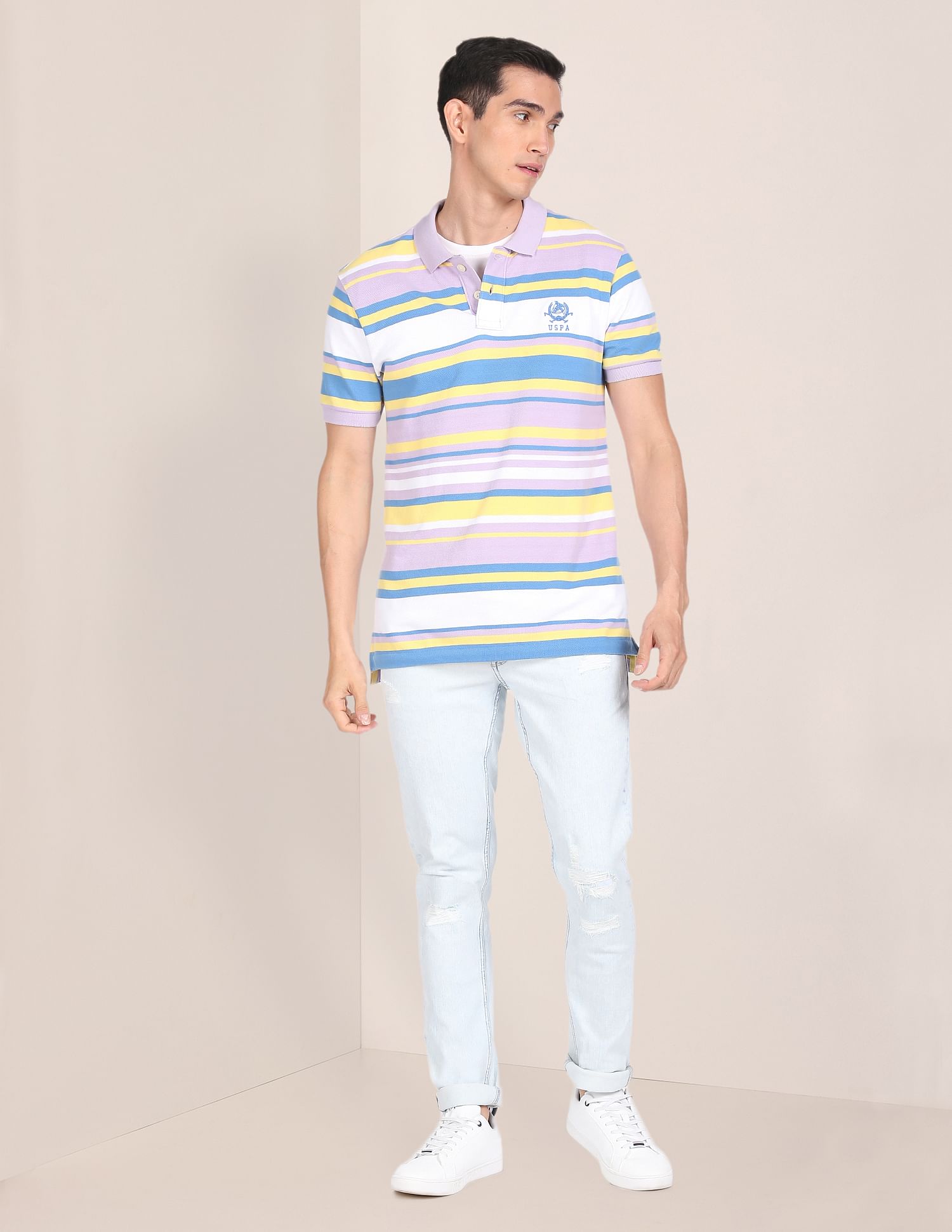 Men Light Purple Cotton Striped Logo Polo Shirt Light Purple - U.S. POLO ASSN. | Large