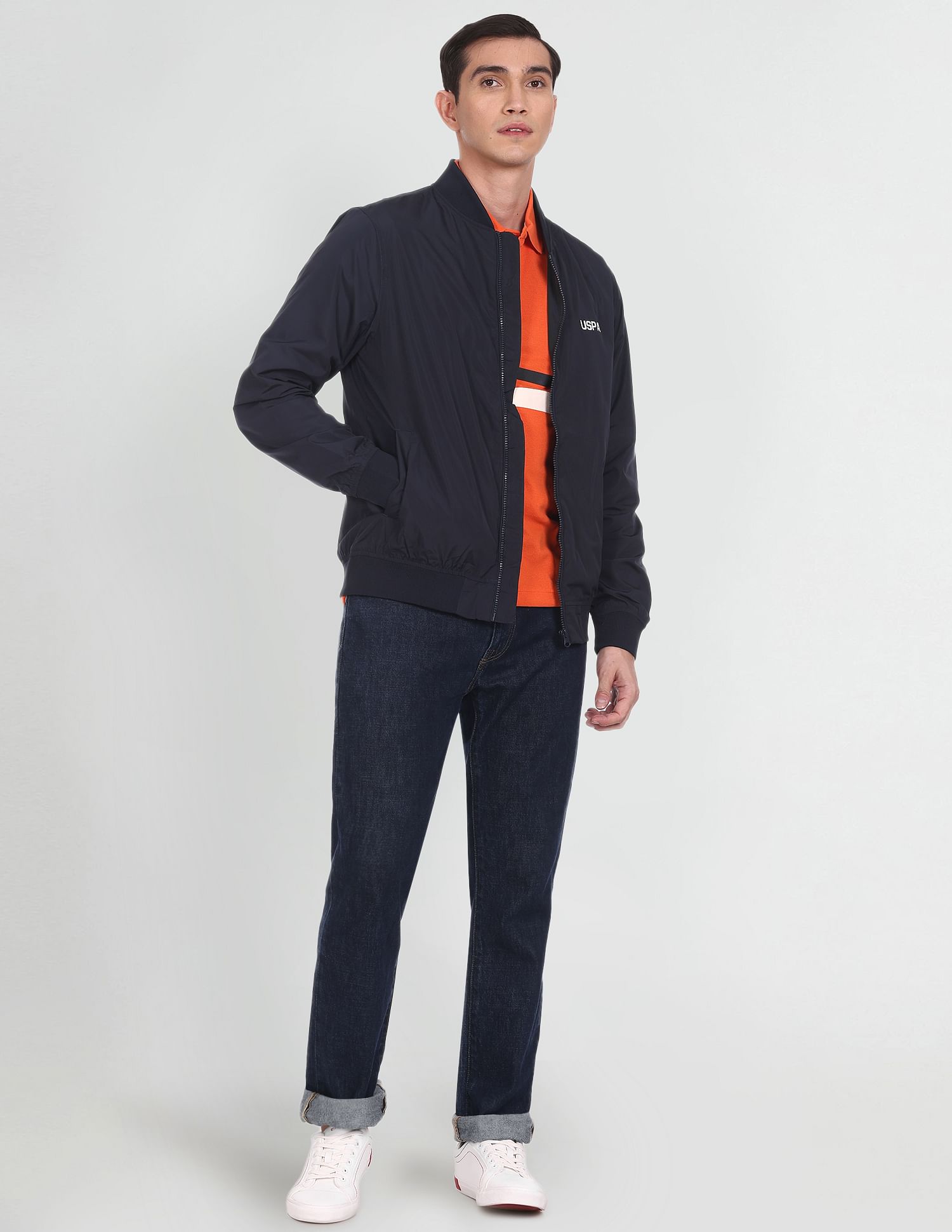 Solid Polyester Bomber Jacket Navy - U.S. Polo Assn. India | Large