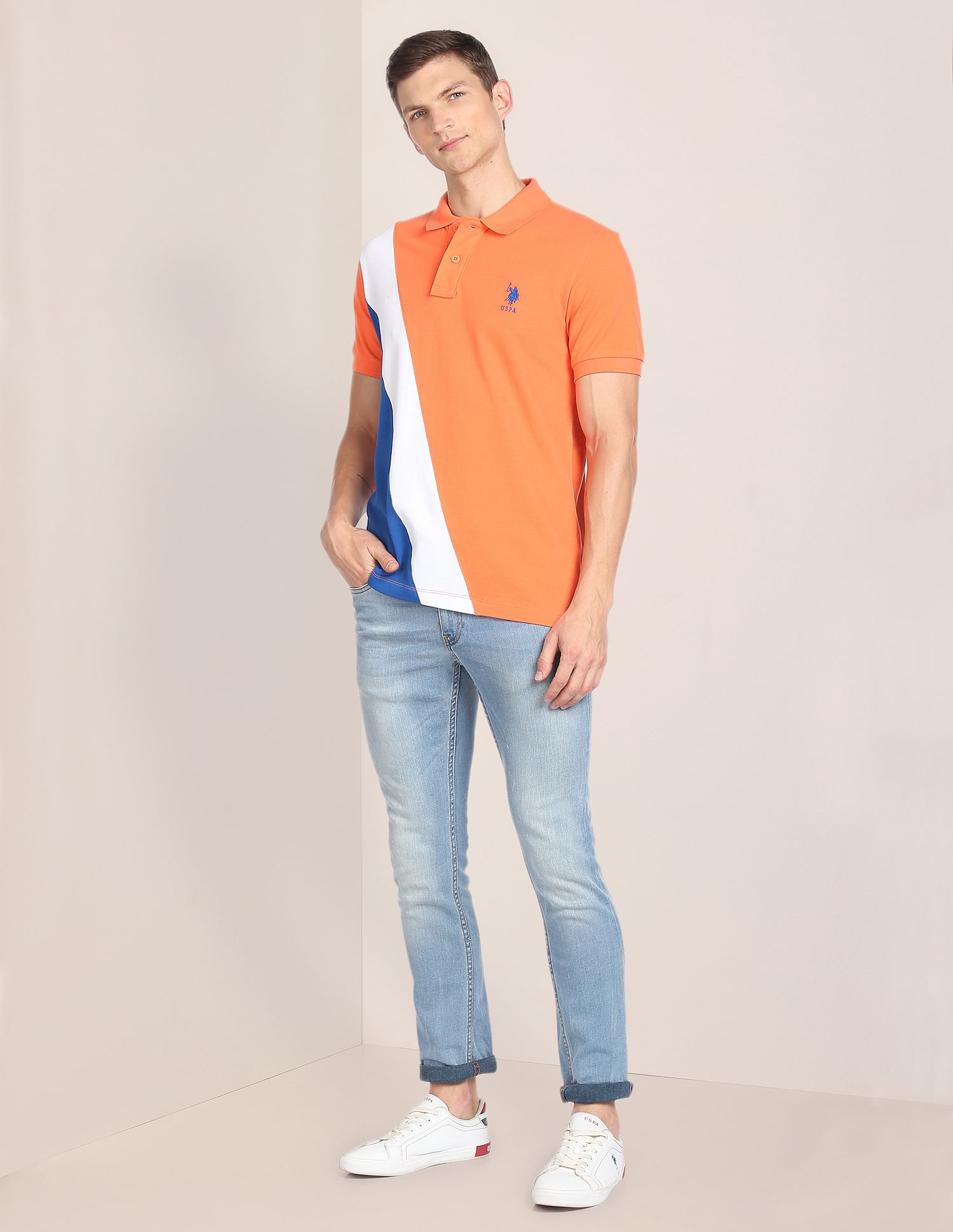 Colour Block Cotton Polo Shirt Orange - U.S. POLO ASSN. | Large