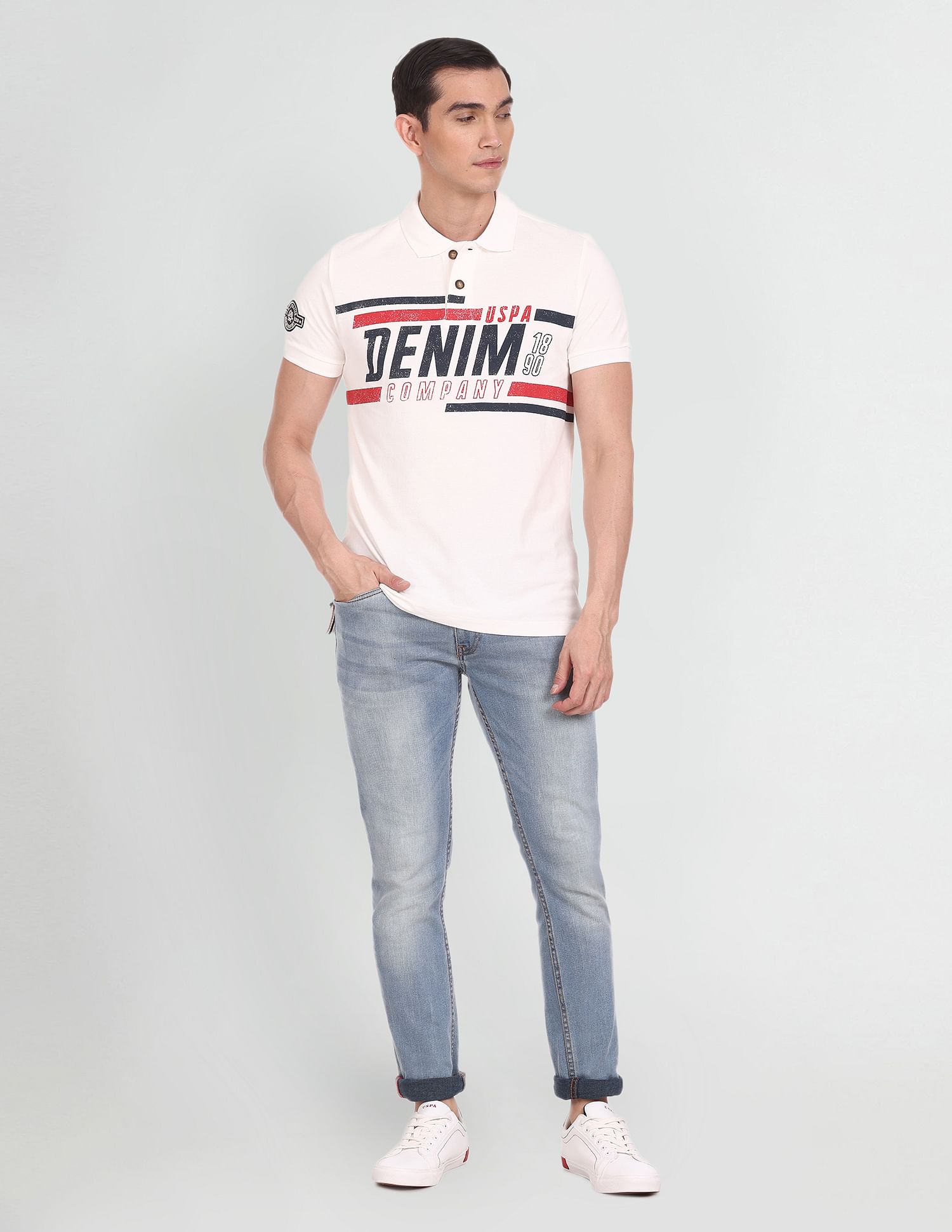 Typographic Print Cotton Polo Shirt Off White - U.S. POLO ASSN. | Large