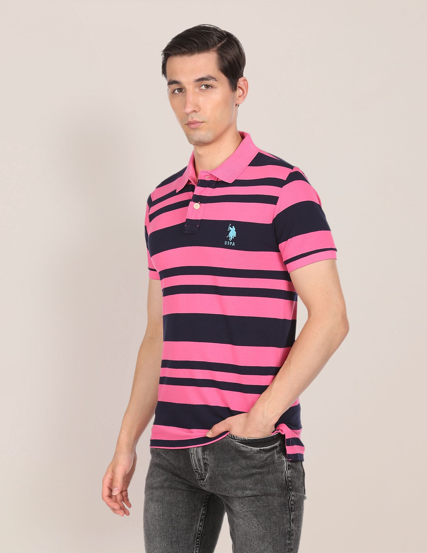 Ribbed Collar Striped Polo Shirt Pink and Navy - U.S. Polo Assn. India | Large