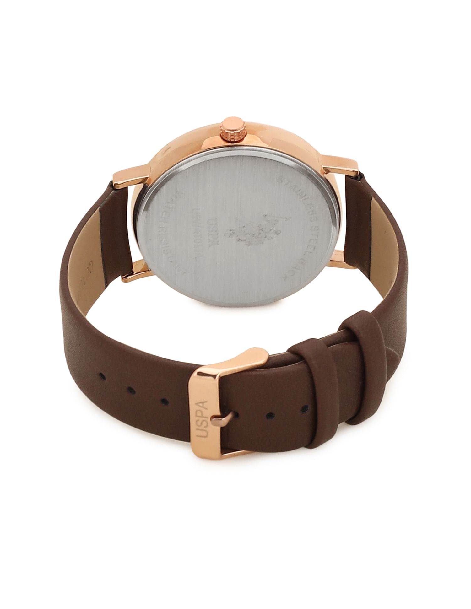 Leather Strap Analog Watch Silver and Brown - U.S. POLO ASSN. | Large
