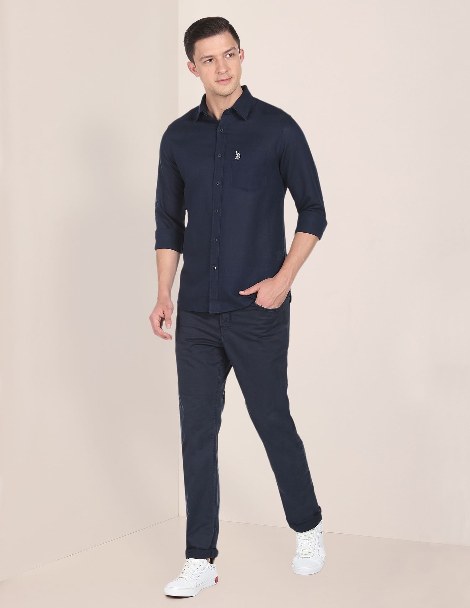 Spread Collar Solid Casual Shirt Navy - U.S. Polo Assn. India | Large