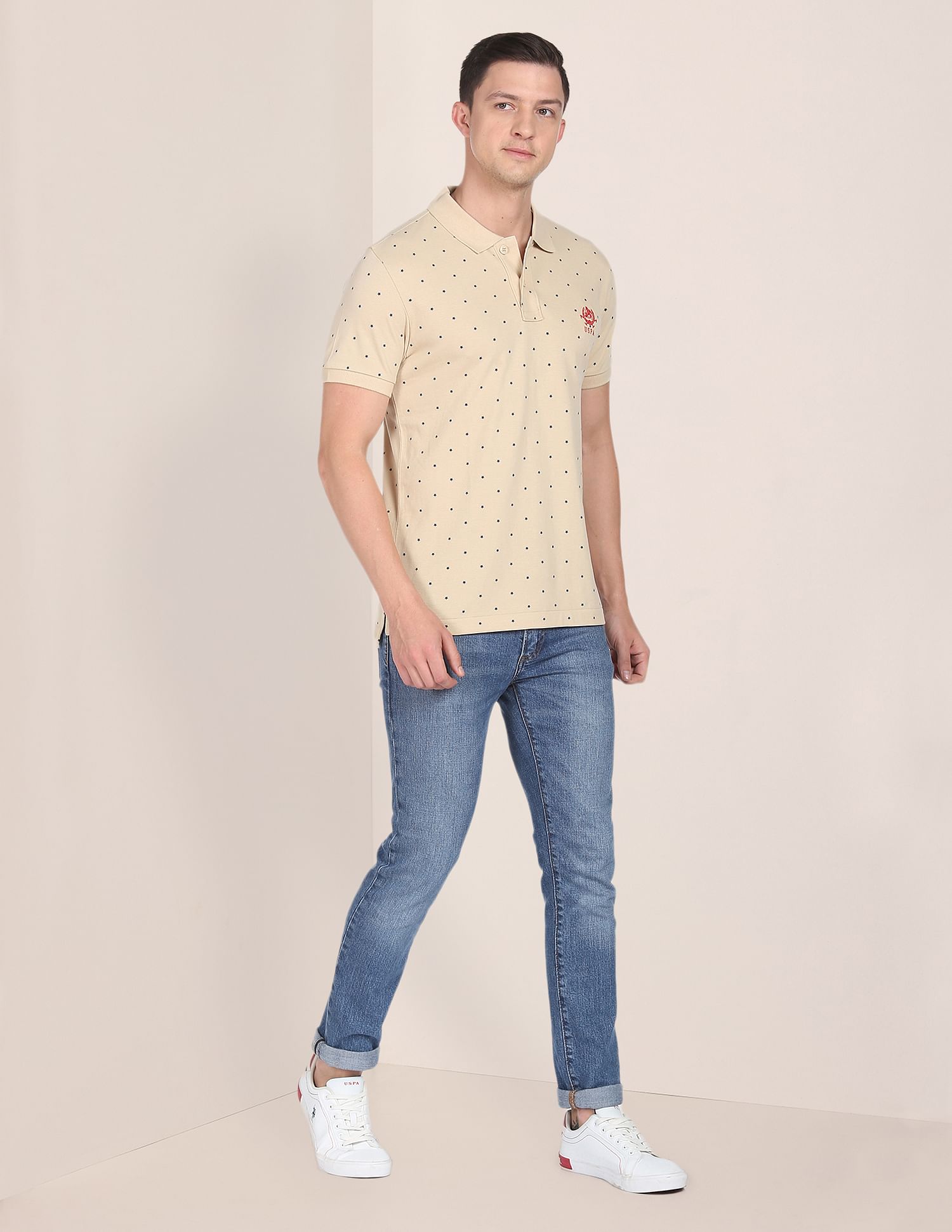 All Over Printed Cotton Polo Shirt Beige - U.S. Polo Assn. India | Large