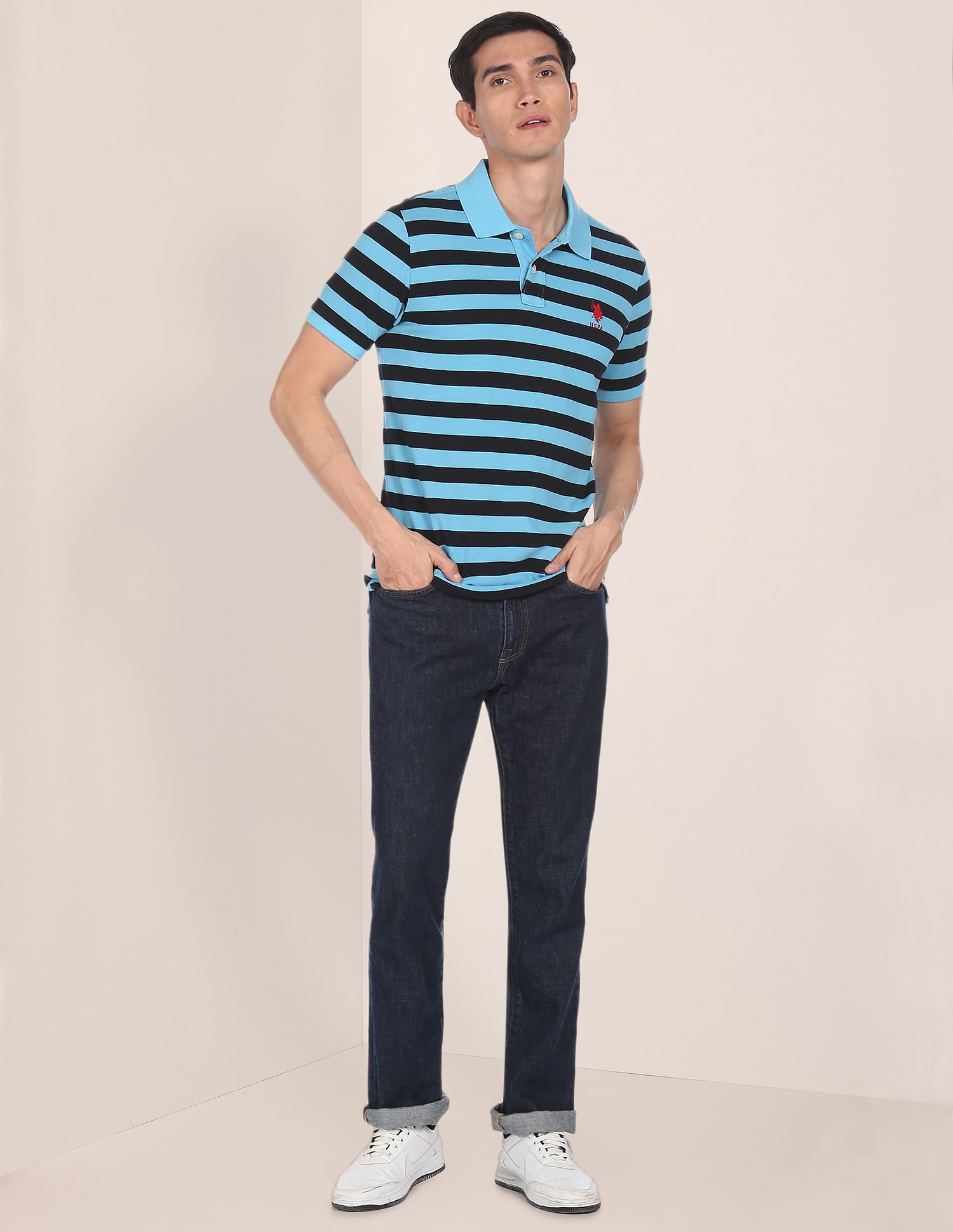 Ribbed Collar Striped Polo Shirt Blue - U.S. Polo Assn. India | Large