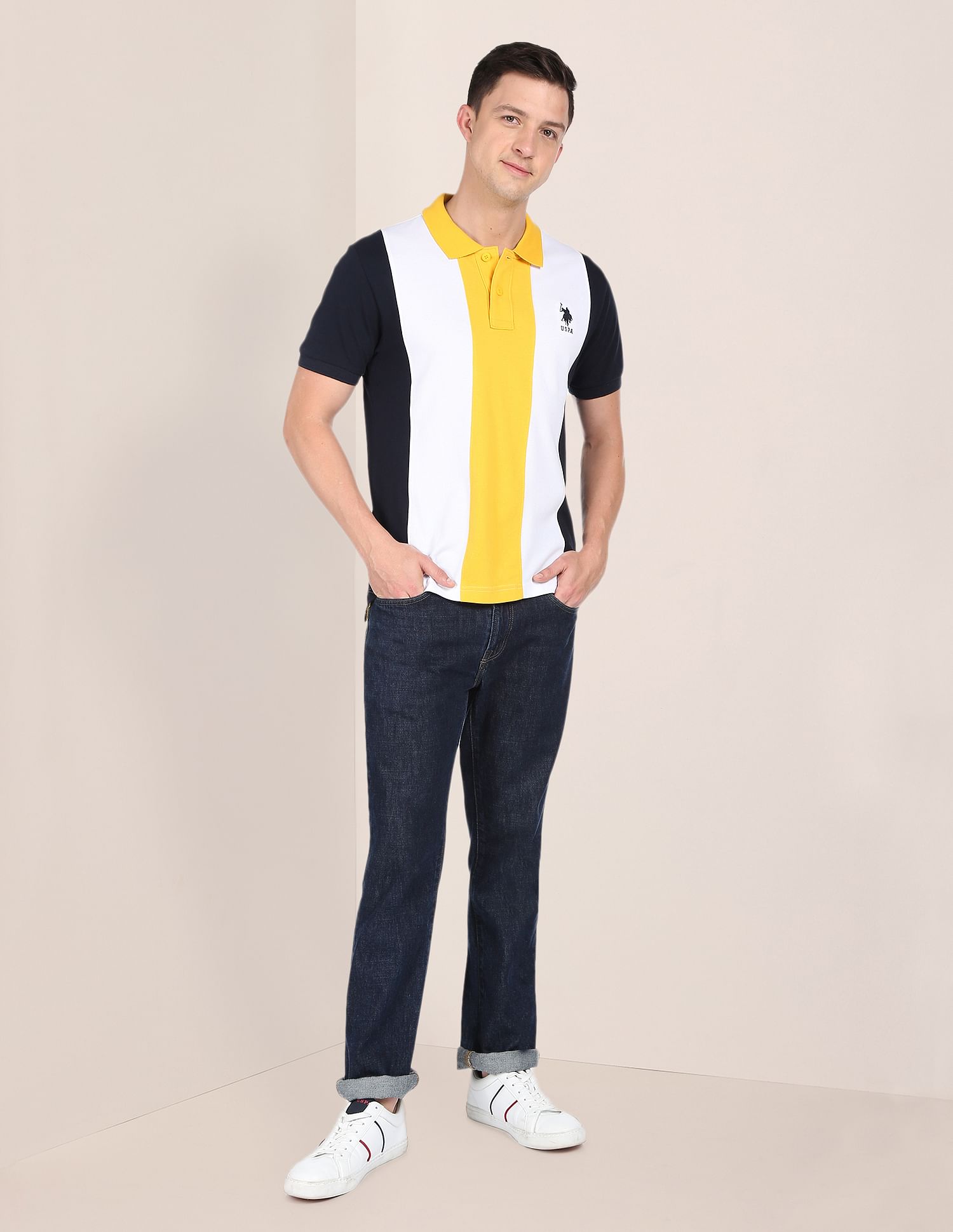 Men Yellow And White Colour Block Cotton Polo Shirt Yellow and White - U.S. Polo Assn. India | Large