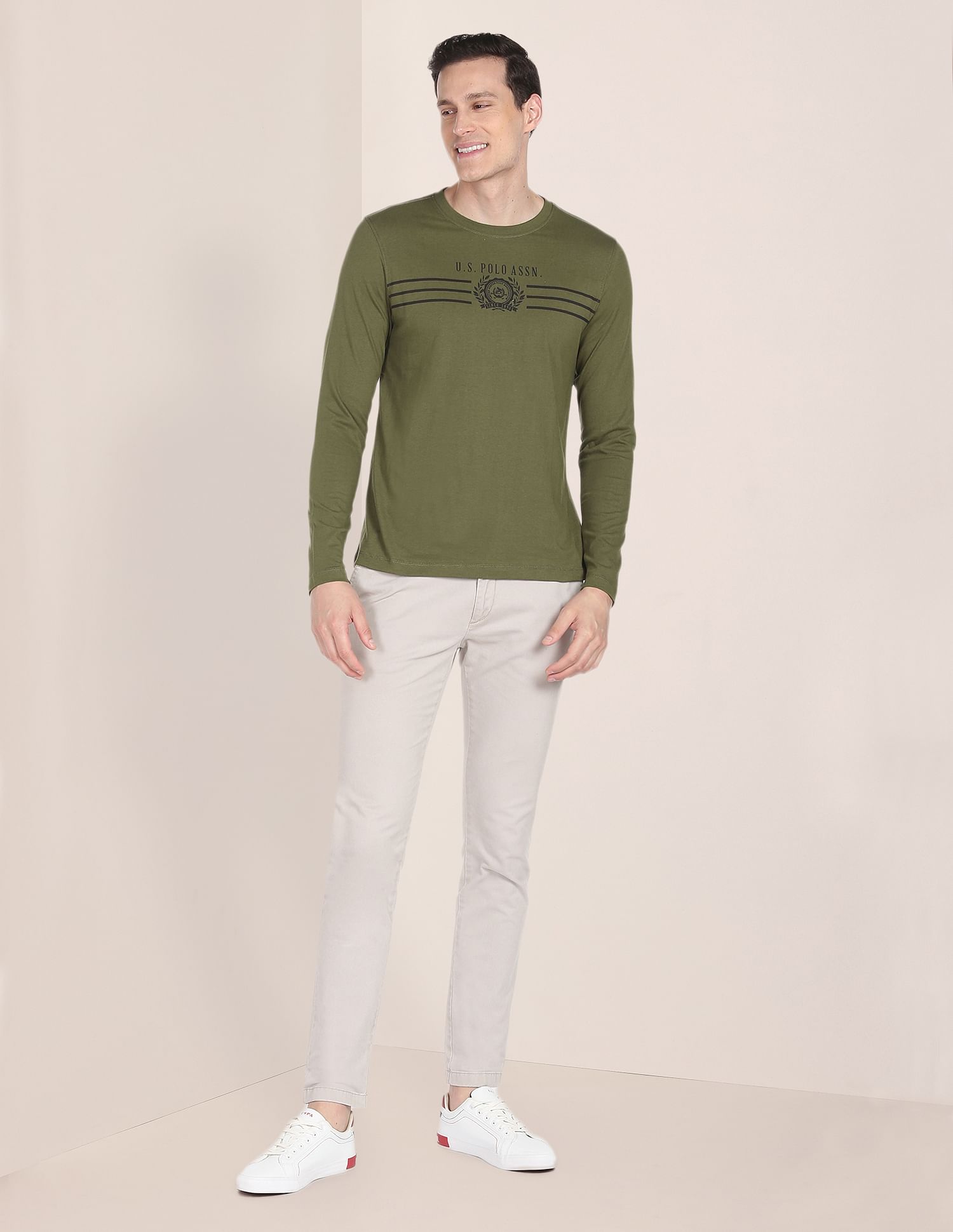 Long Sleeve Brand Print Cotton T-Shirt Olive - U.S. Polo Assn. India | Large