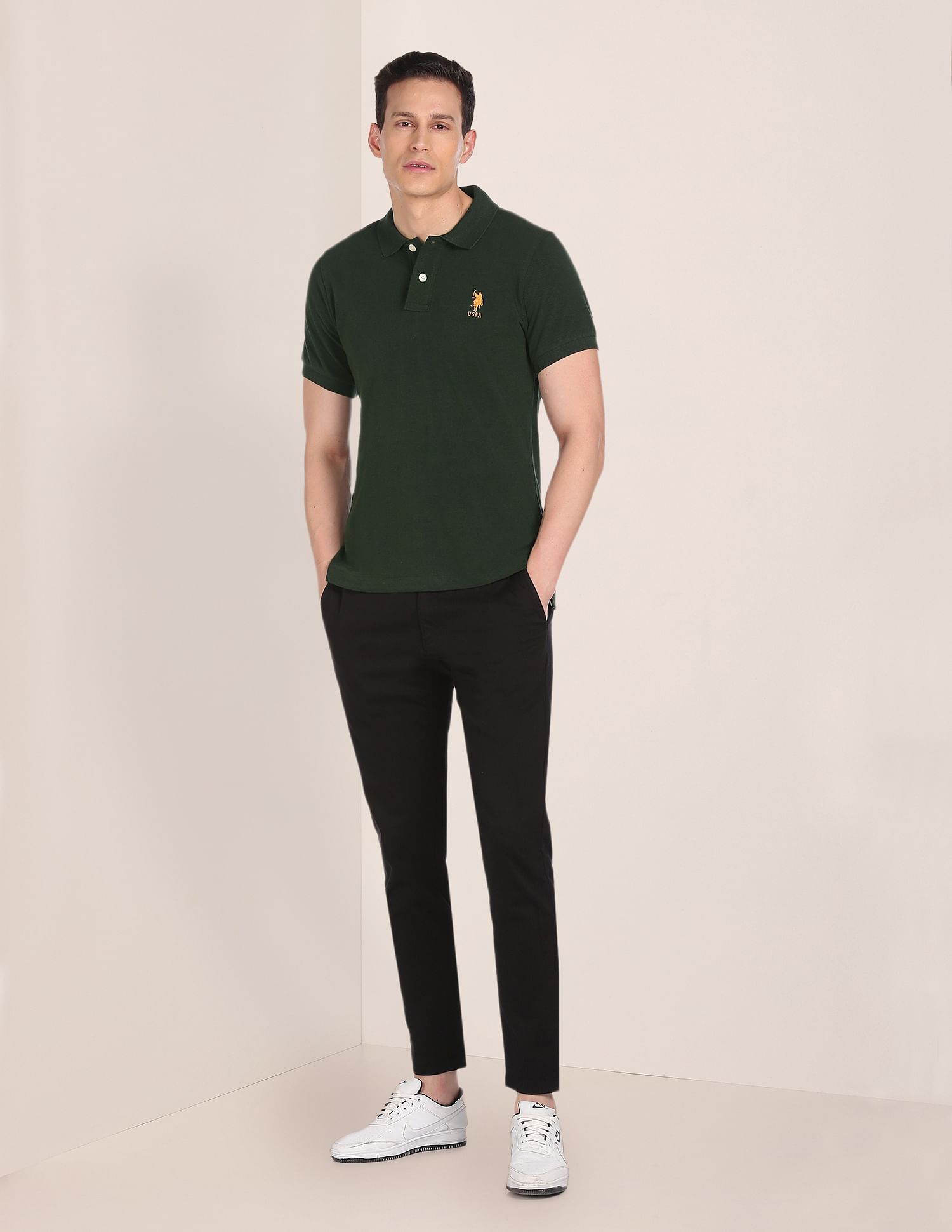 Pure Cotton Solid Polo Shirt Dark Green - U.S. Polo Assn. India | Large