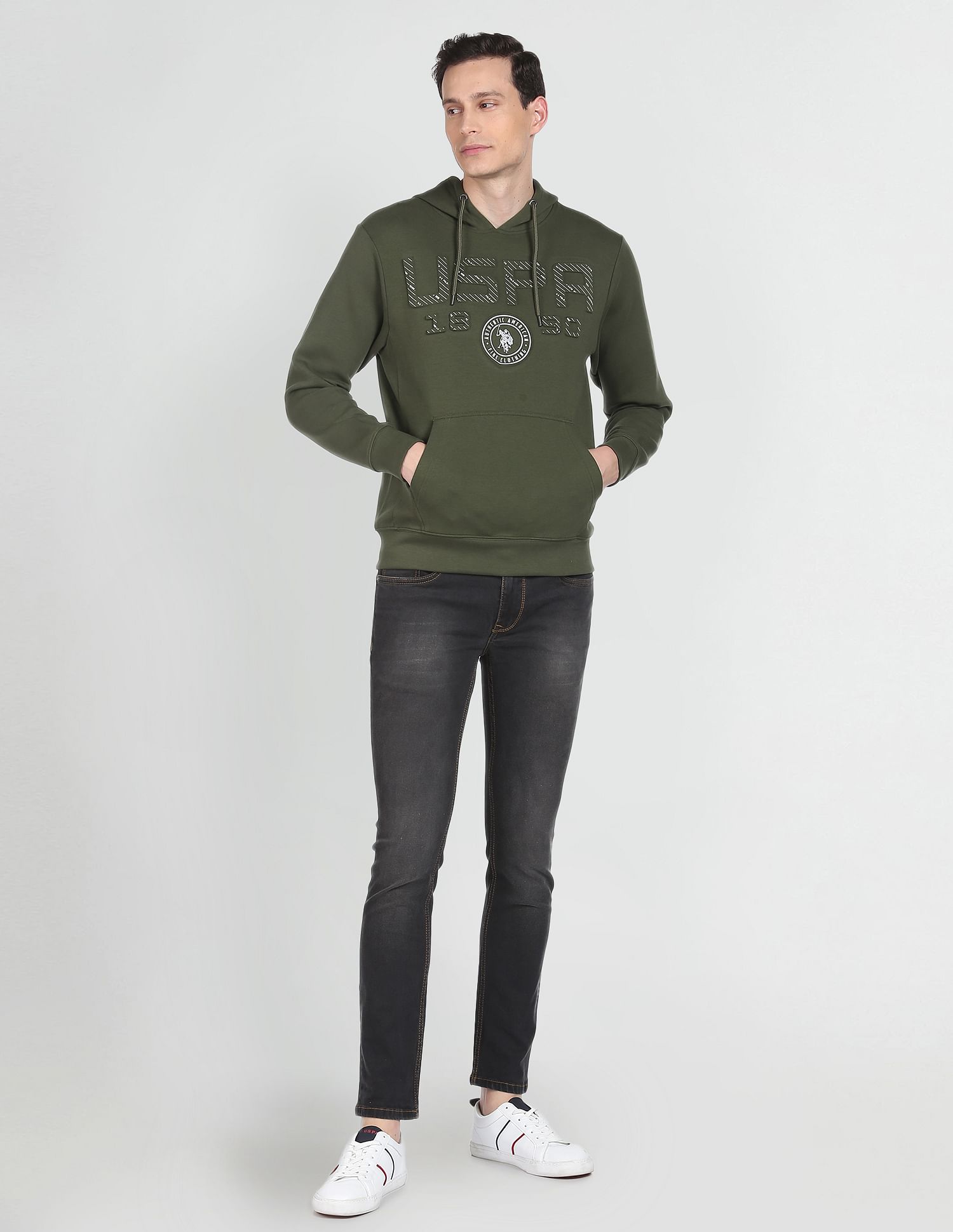 Brand Embossed Hooded Sweatshirt Olive - U.S. Polo Assn. India | Large
