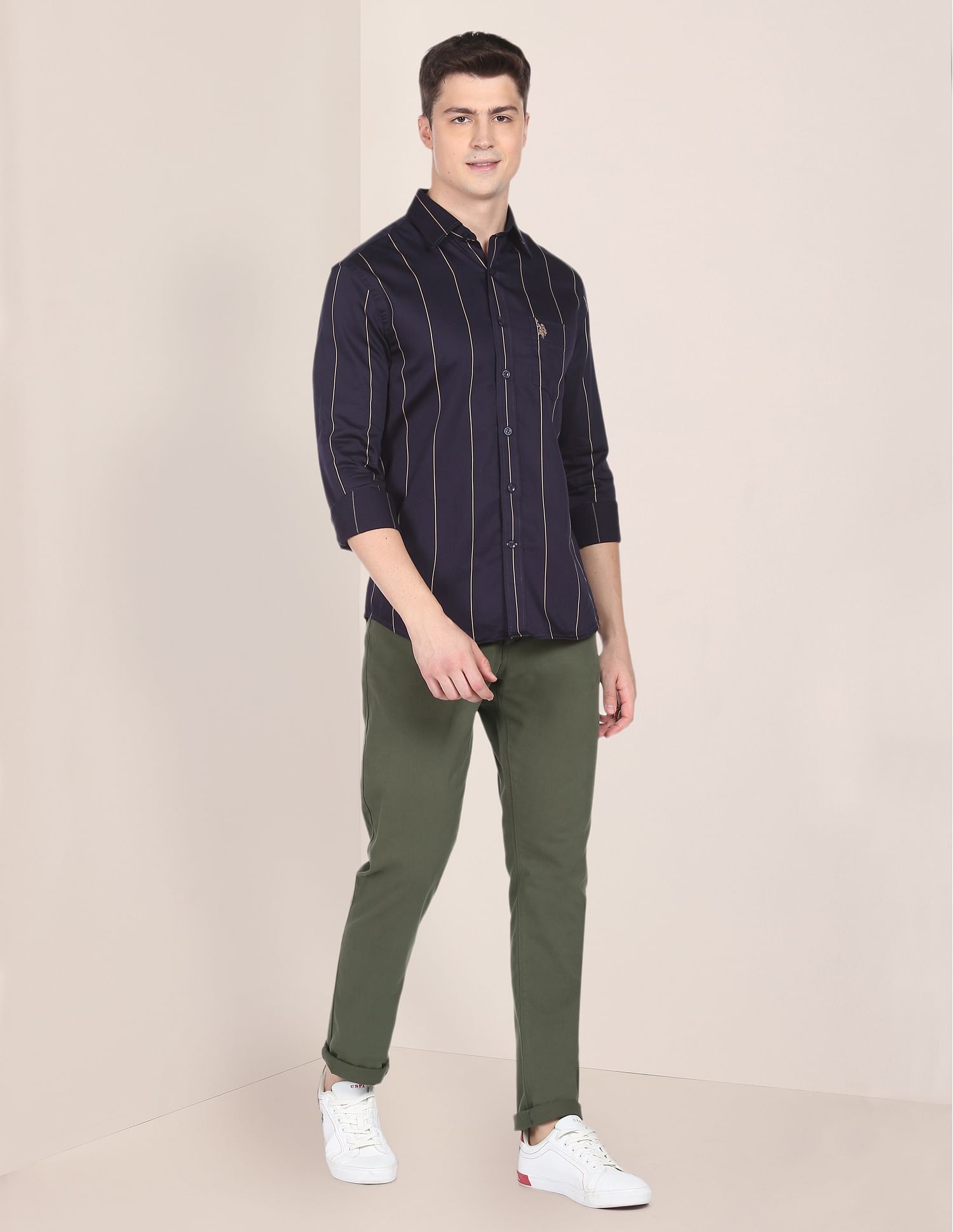 Mid Rise Solid Casual Trousers Olive - U.S. Polo Assn. India | Large