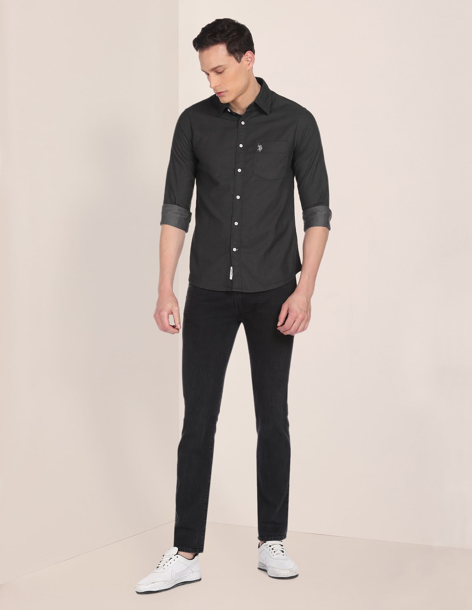 Men Aqua Spread Collar Solid Casual Shirt Grey - U.S. POLO ASSN. | Large