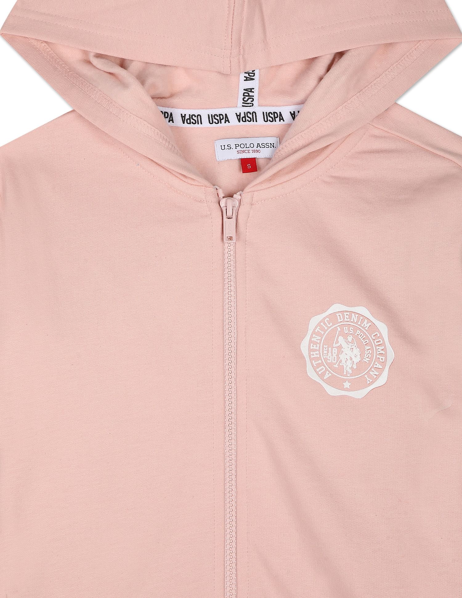 Hooded Zip Up Solid Sweatshirt Pink - U.S. Polo Assn. India | Large