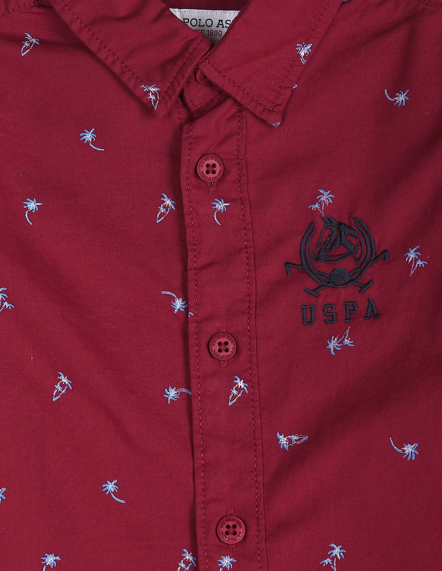 Spread Collar Motif Print Cotton Shirt Maroon - U.S. Polo Assn. India | Large