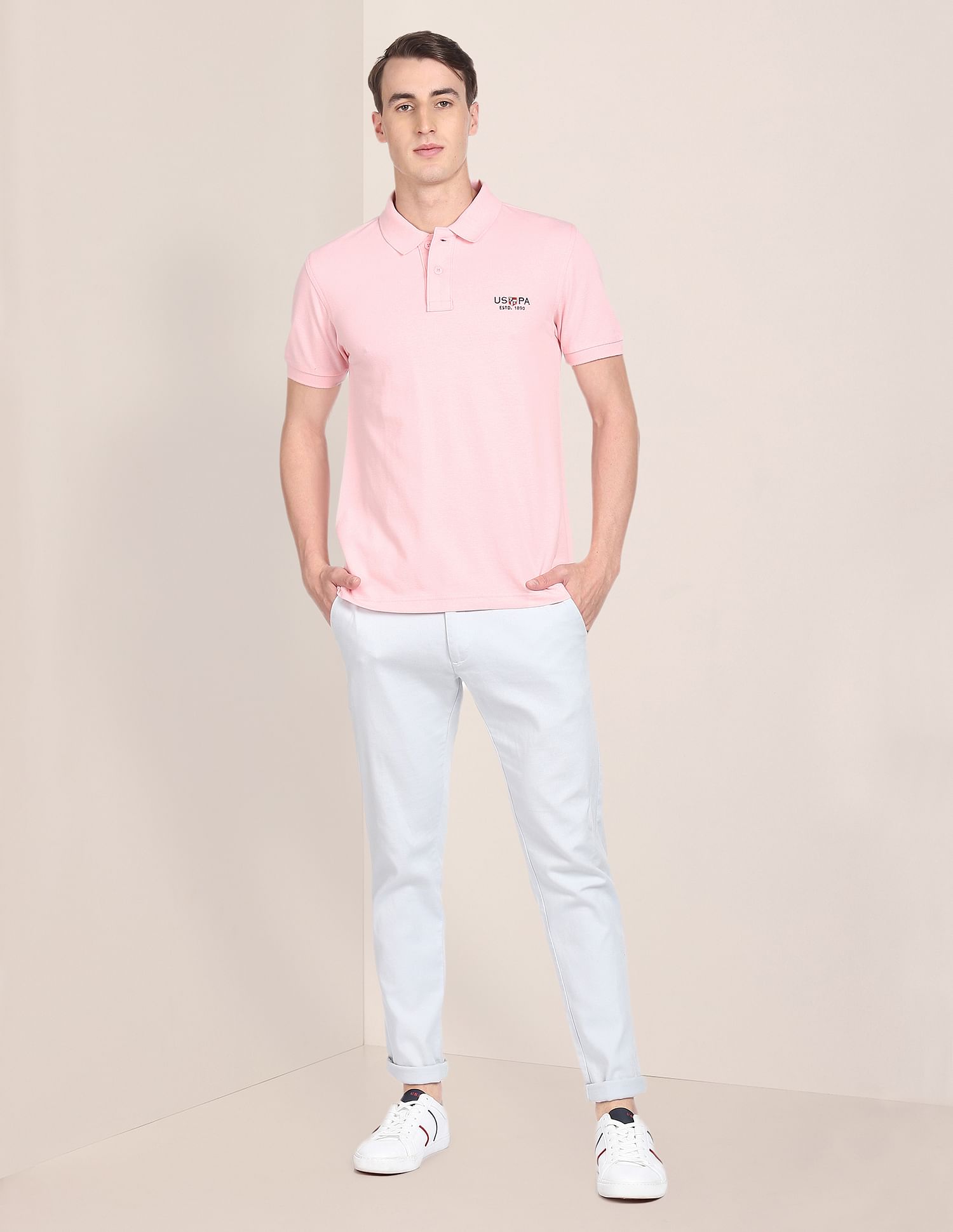 Ribbed Collar Cotton Polo Shirt Pink - U.S. POLO ASSN. | Large