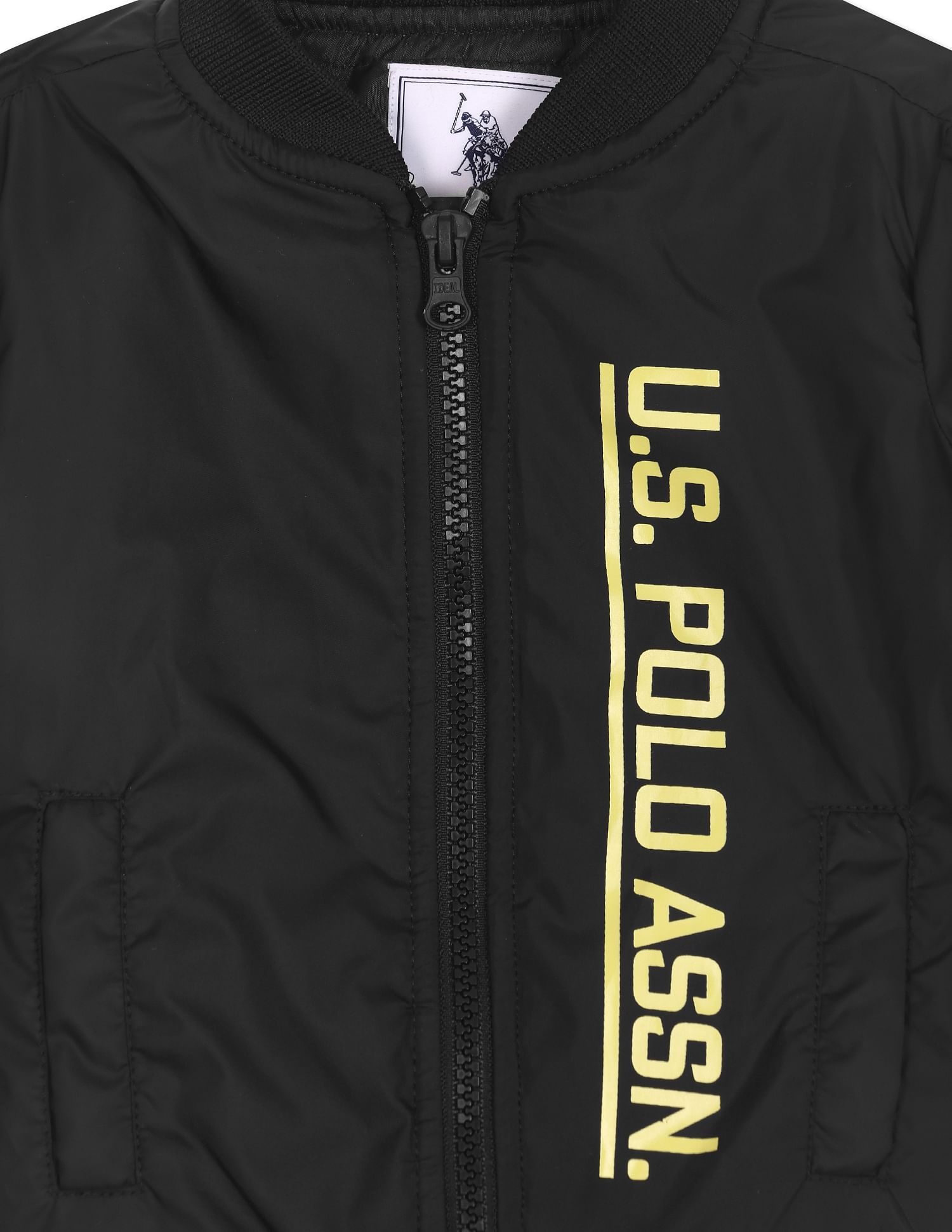 Boys Black Brand Print Polyester Bomber Jacket Black - U.S. Polo Assn. India | Large