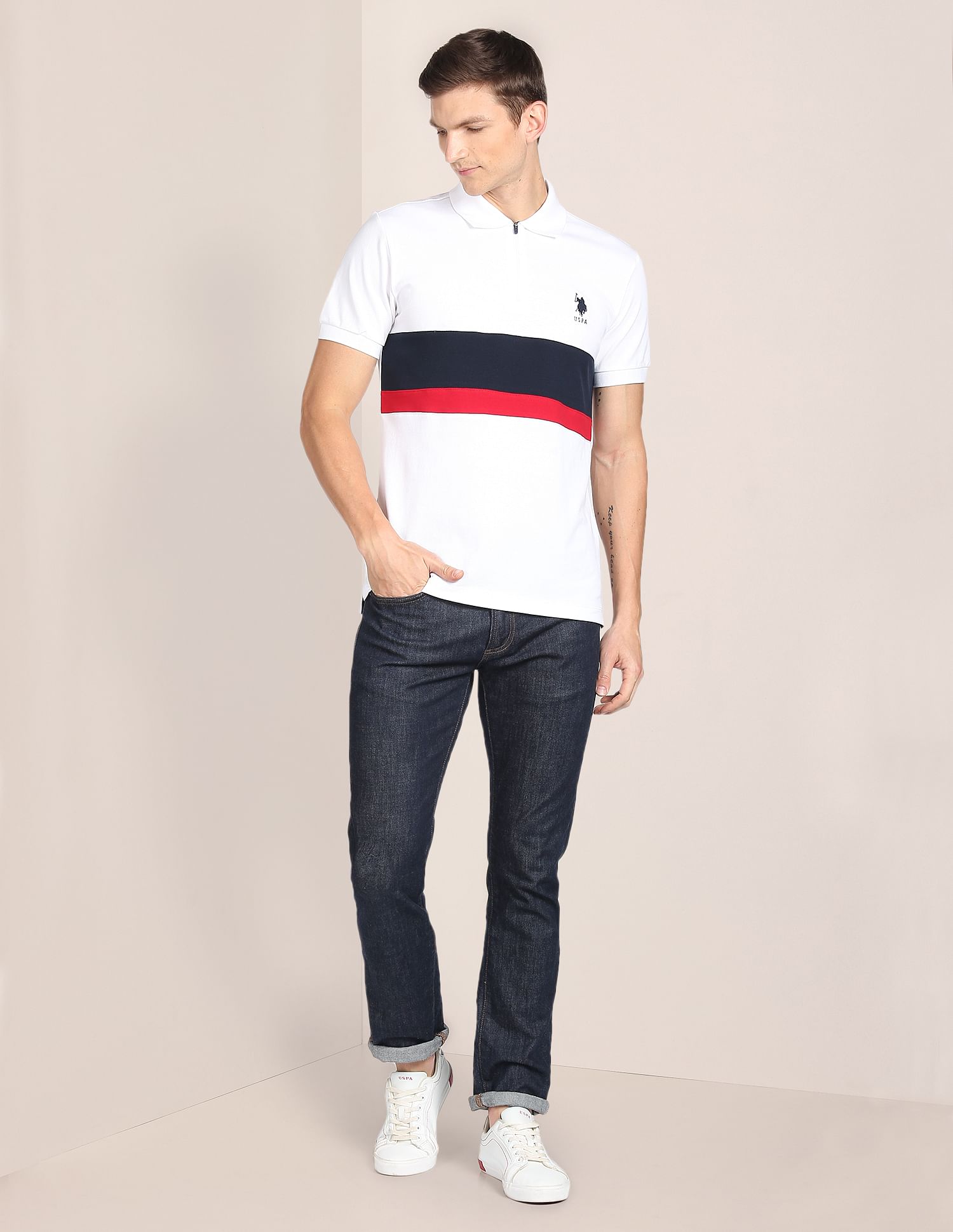 Colour Block Cotton Polo Shirt White - U.S. POLO ASSN. | Large