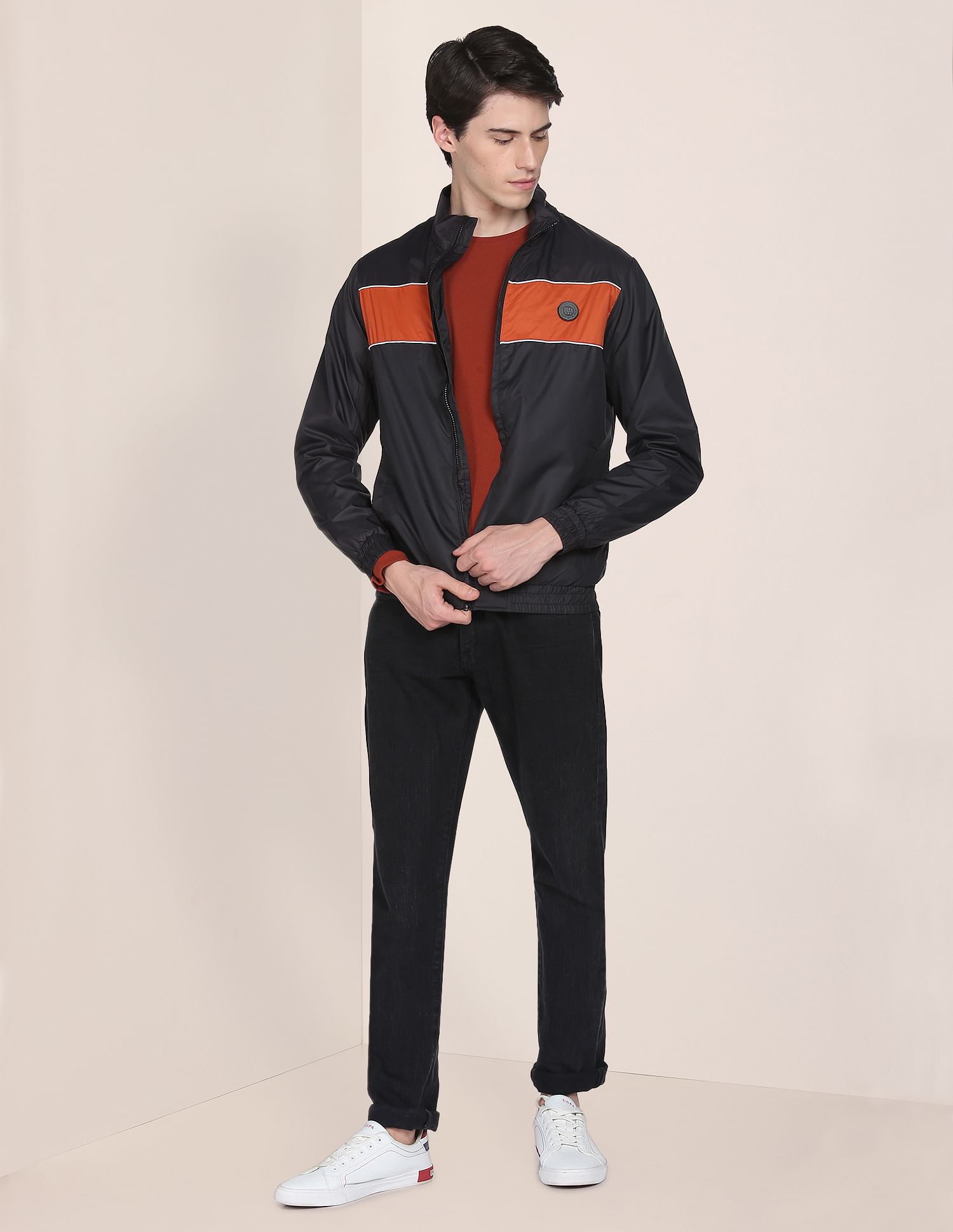 Men Black Colour Block Polyester Casual Jacket Black - U.S. POLO ASSN. | Large