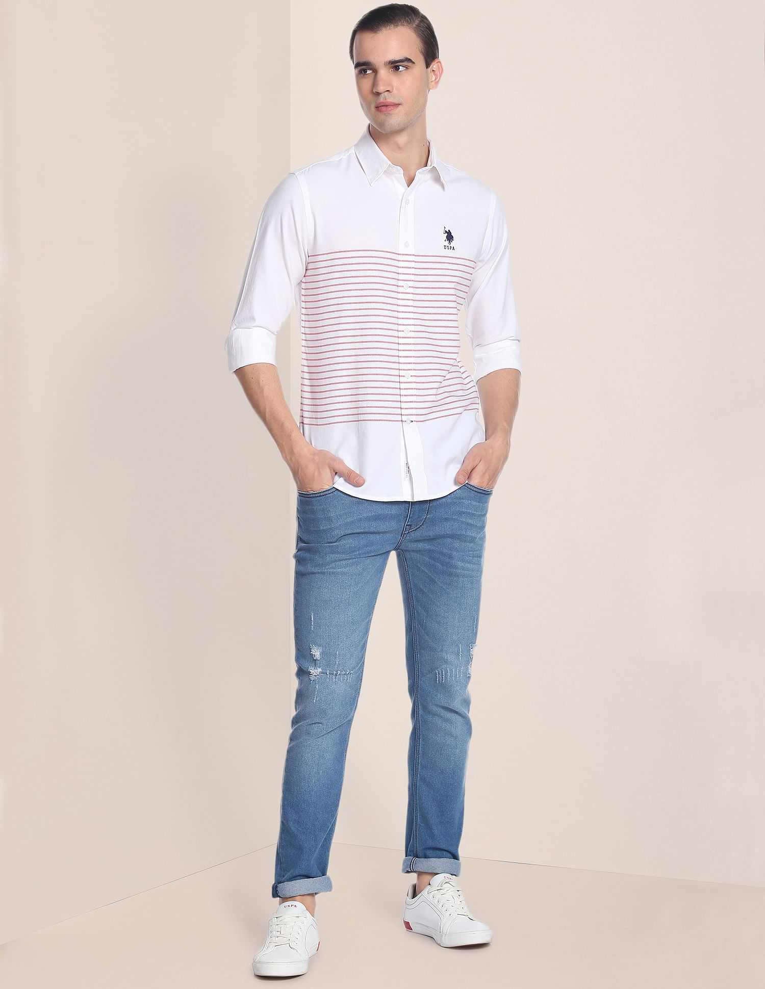Signature Engineered Stripe Dobby Shirt White - U.S. Polo Assn. India | Large
