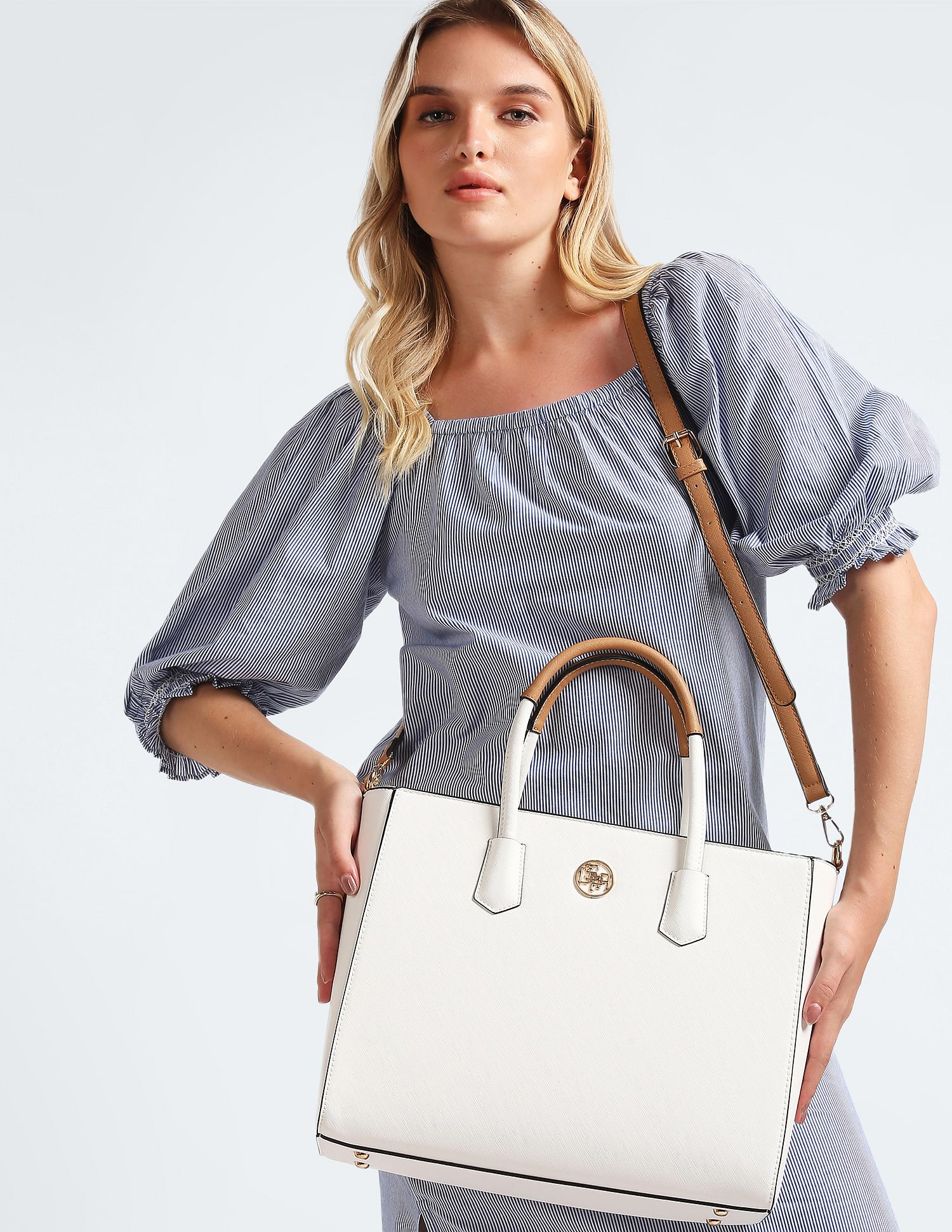 Metallic Hardware Structured Handbag White - U.S. POLO ASSN. | Large