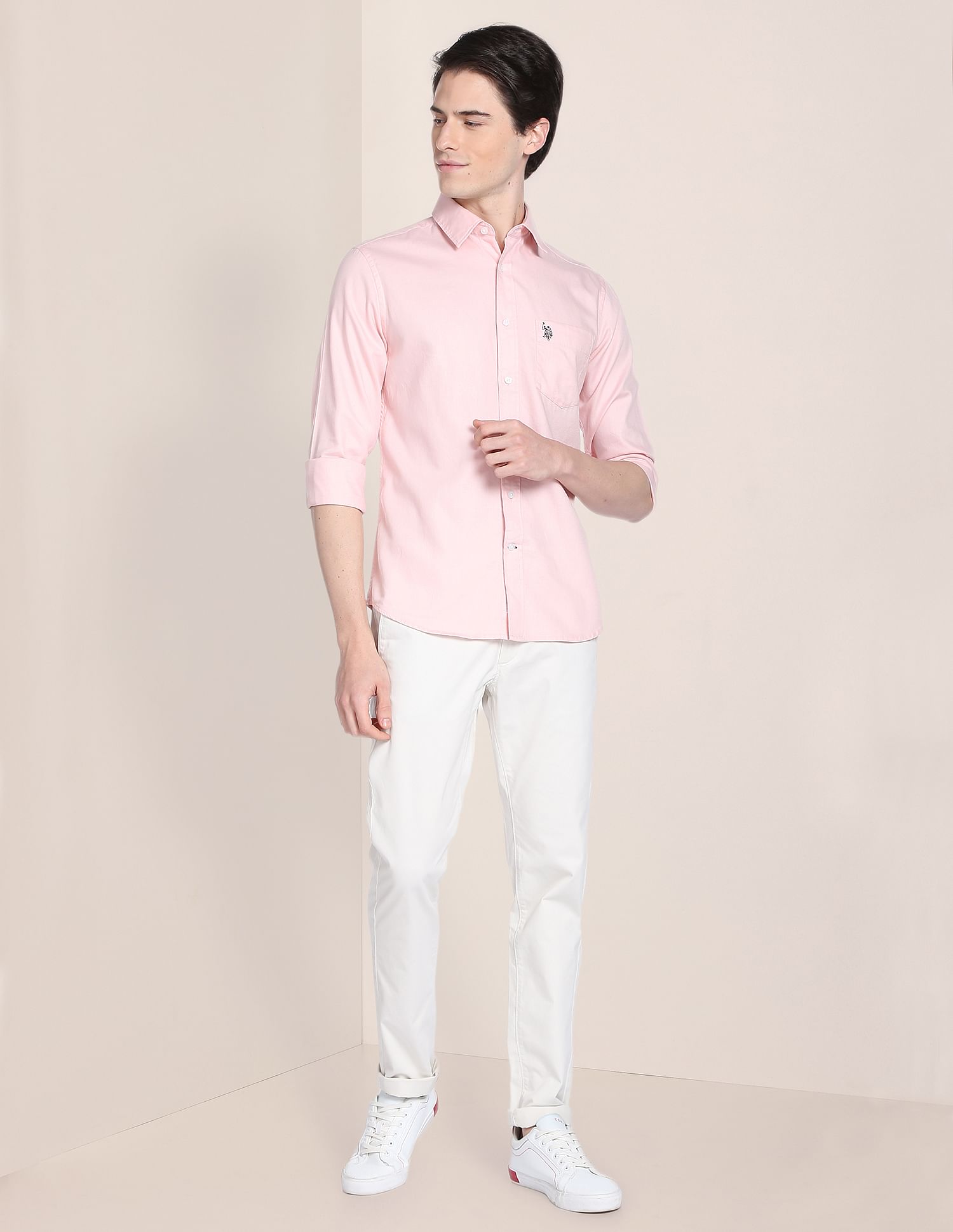 Birdseye Dobby Textured Solid Shirt Light Pink - U.S. Polo Assn. India | Large