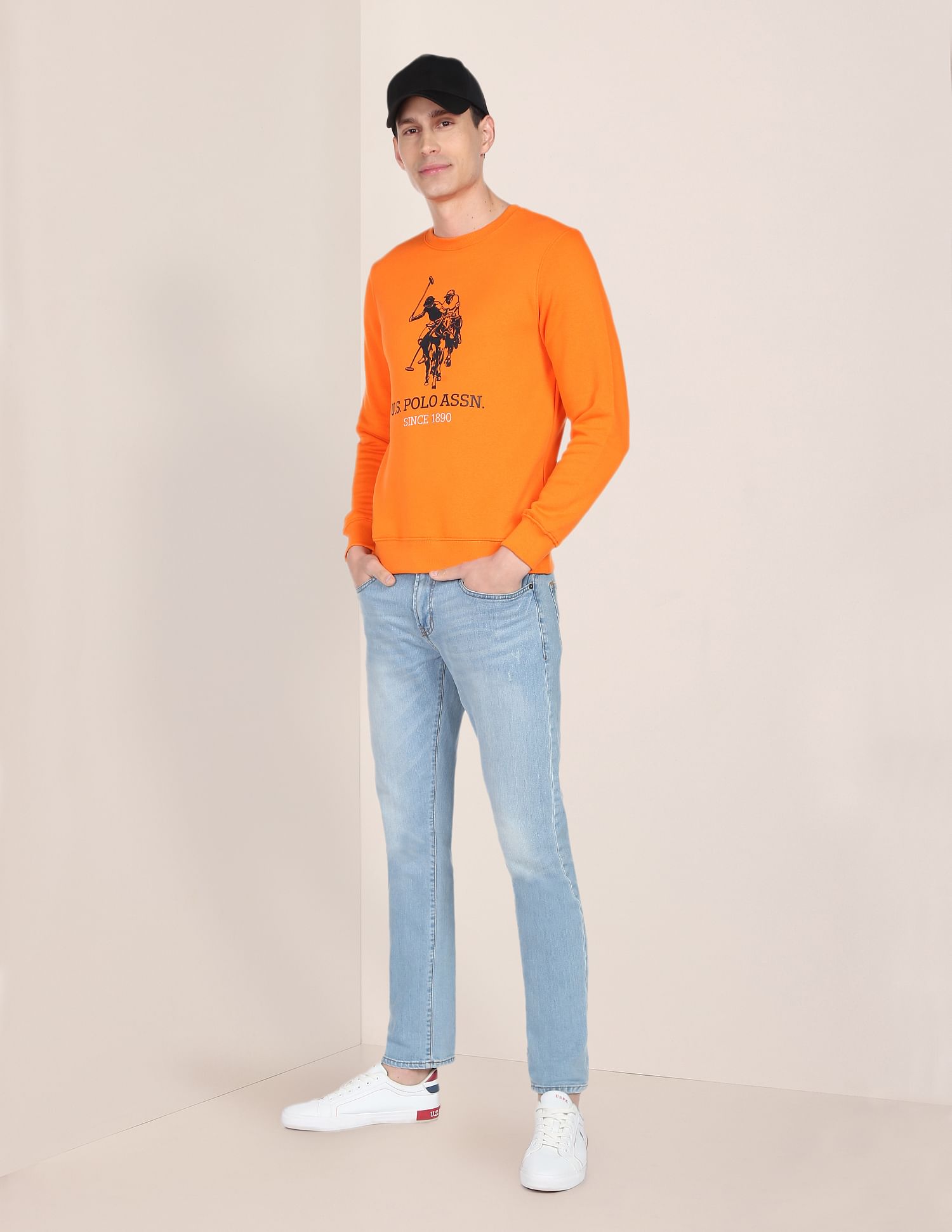 Crew Neck Logo Print Sweatshirt Orange - U.S. POLO ASSN. | Large