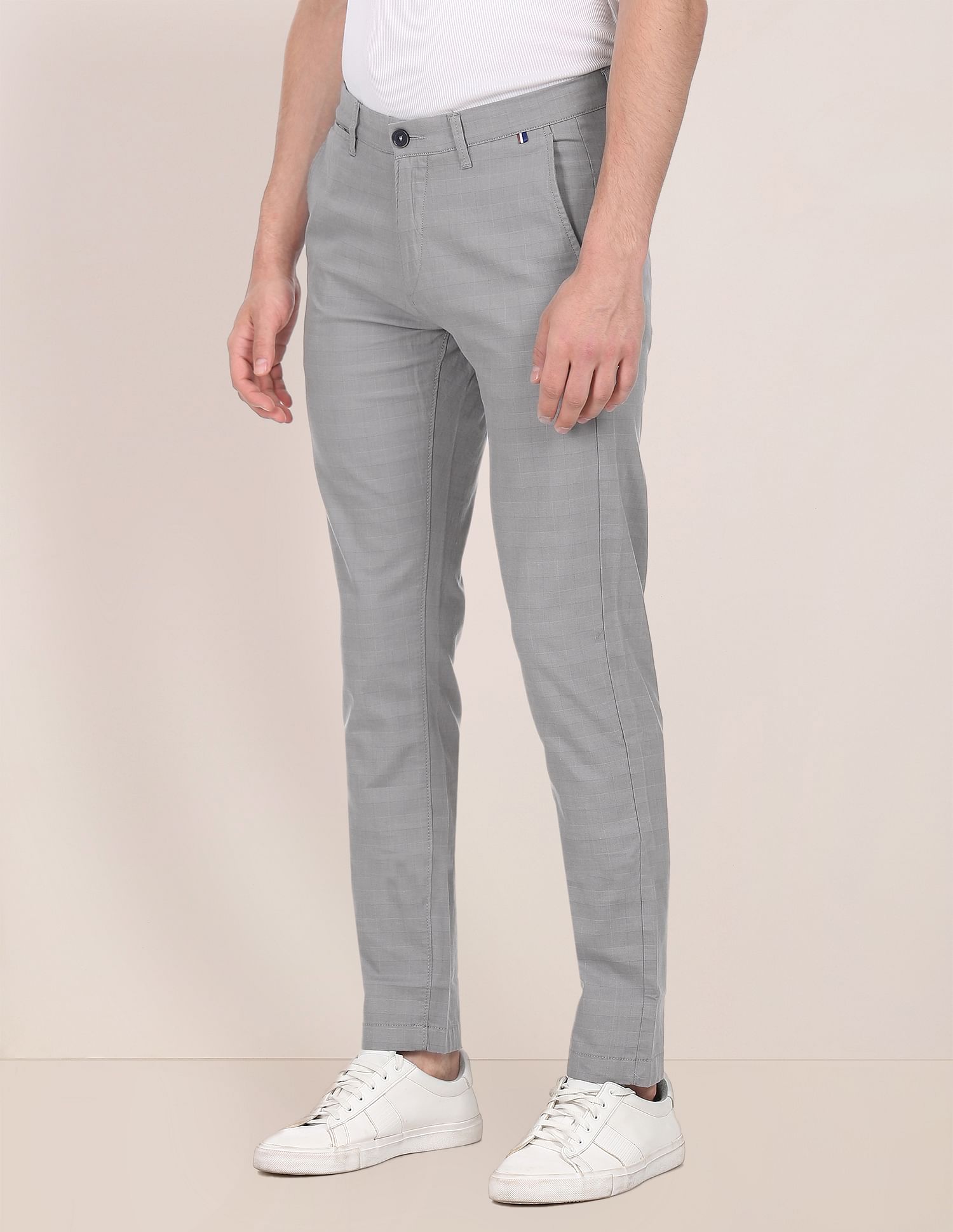 Men Grey Austin Trim Regular Fit Woven Check Casual Trousers Grey - U.S. POLO ASSN. | Large