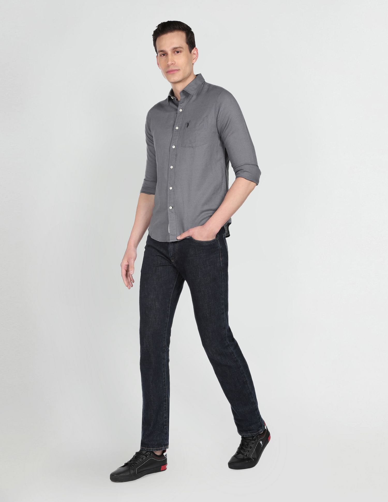 Spread Collar Solid Casual Shirt Grey - U.S. POLO ASSN. | Large