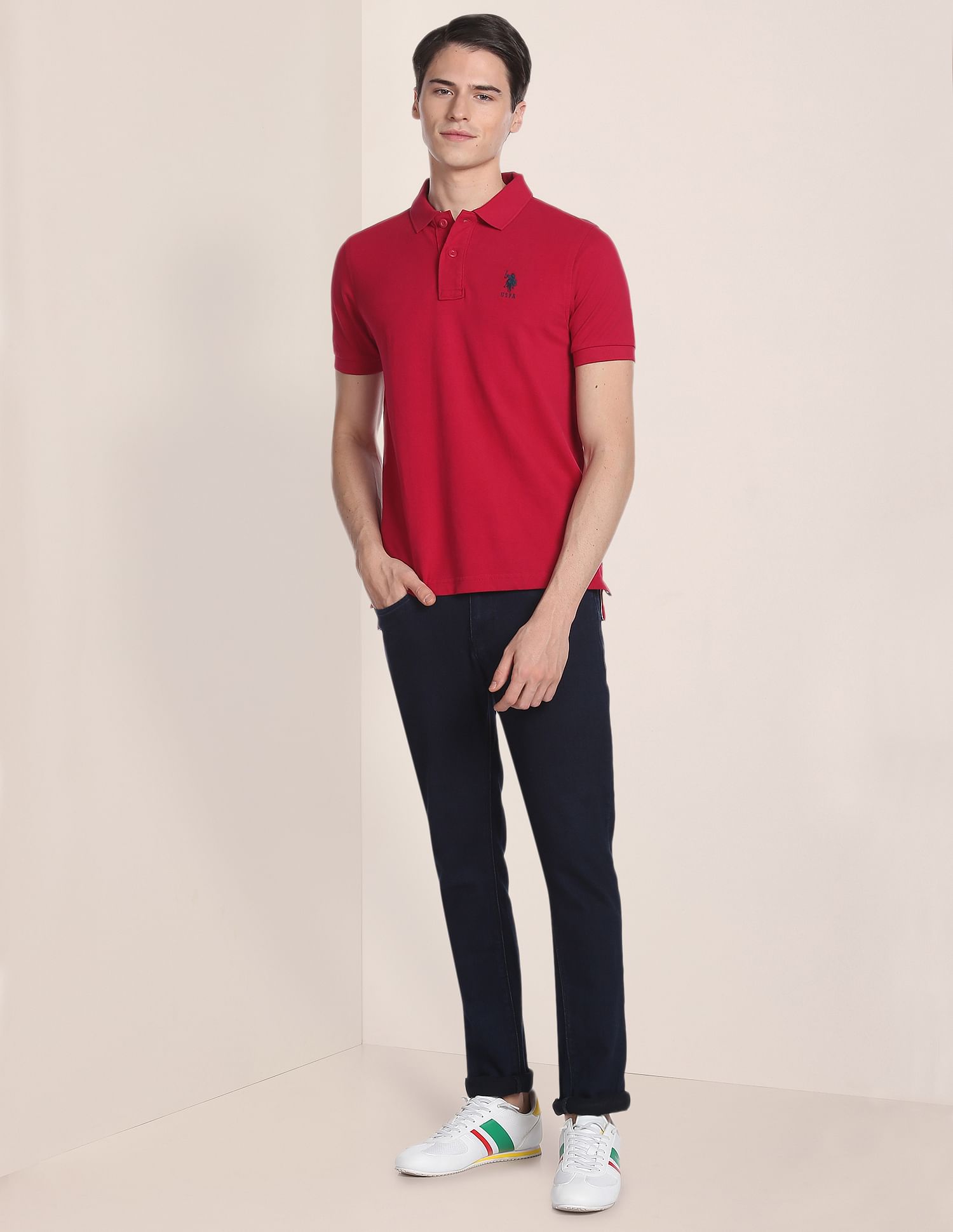 Ribbed Collar Solid Polo Shirt Dark Red - U.S. POLO ASSN. | Large