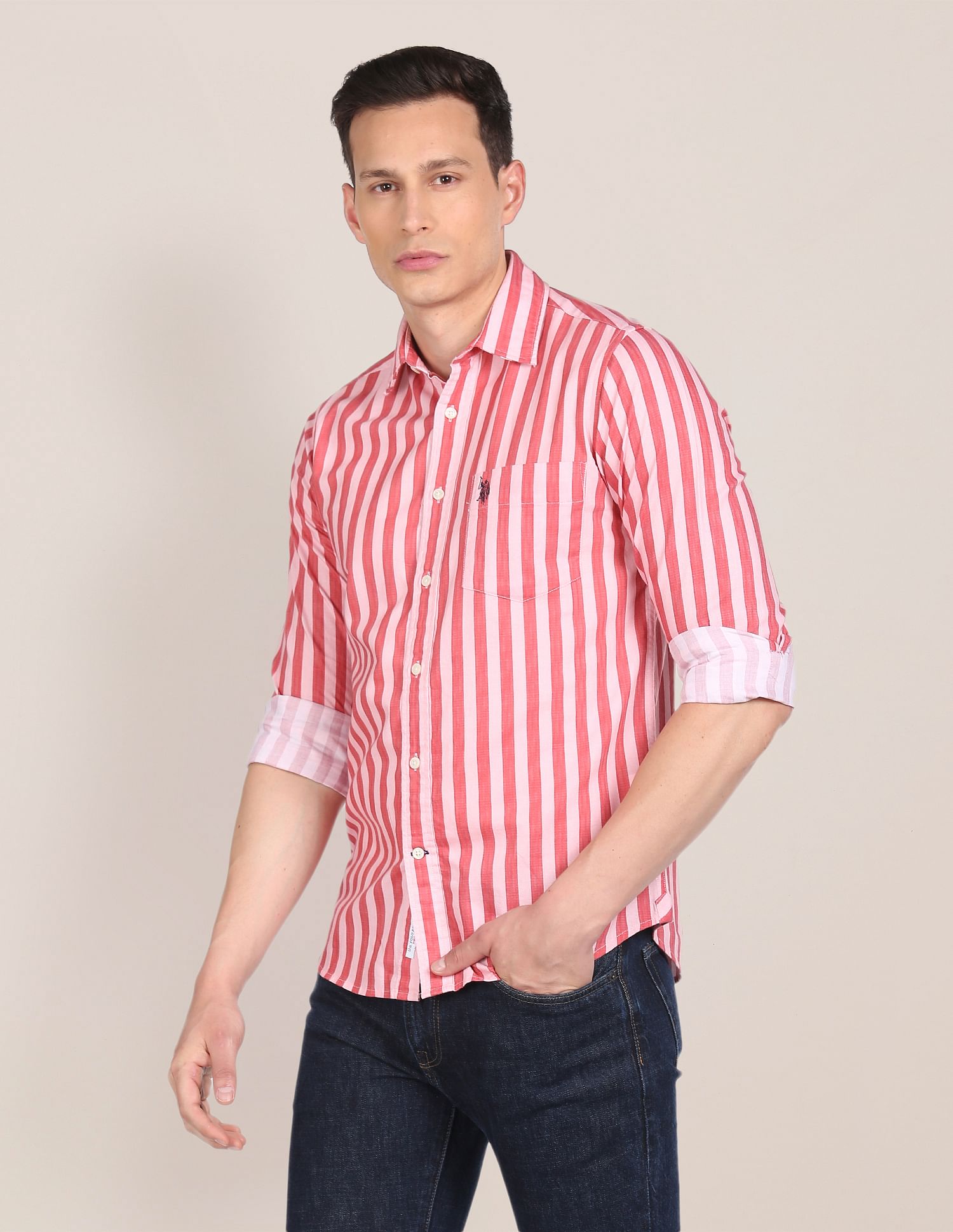 Rounded Cuff Striped Casual Shirt Pink - U.S. POLO ASSN. | Large