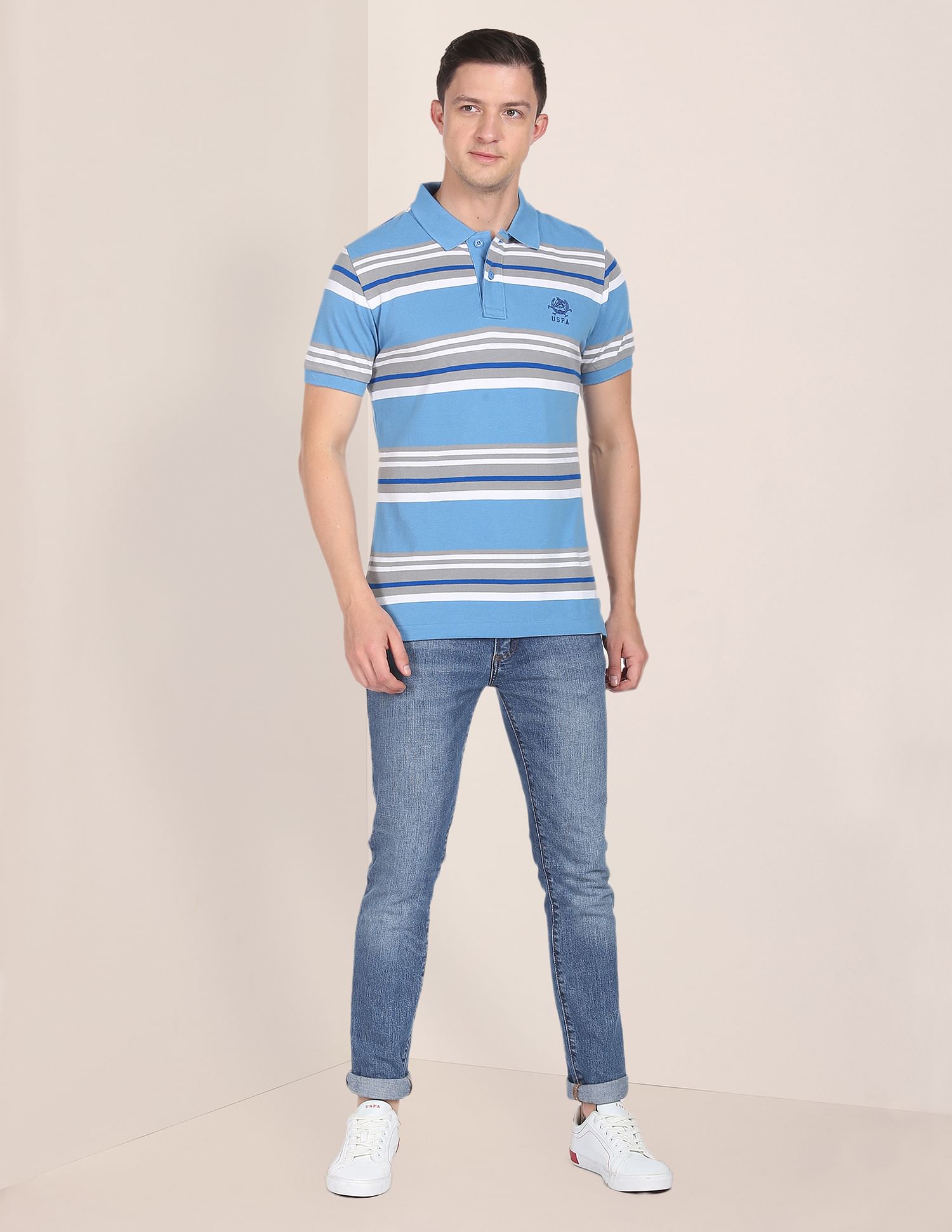 Horizontal Stripe Cotton Polo Shirt Light Blue - U.S. POLO ASSN. | Large