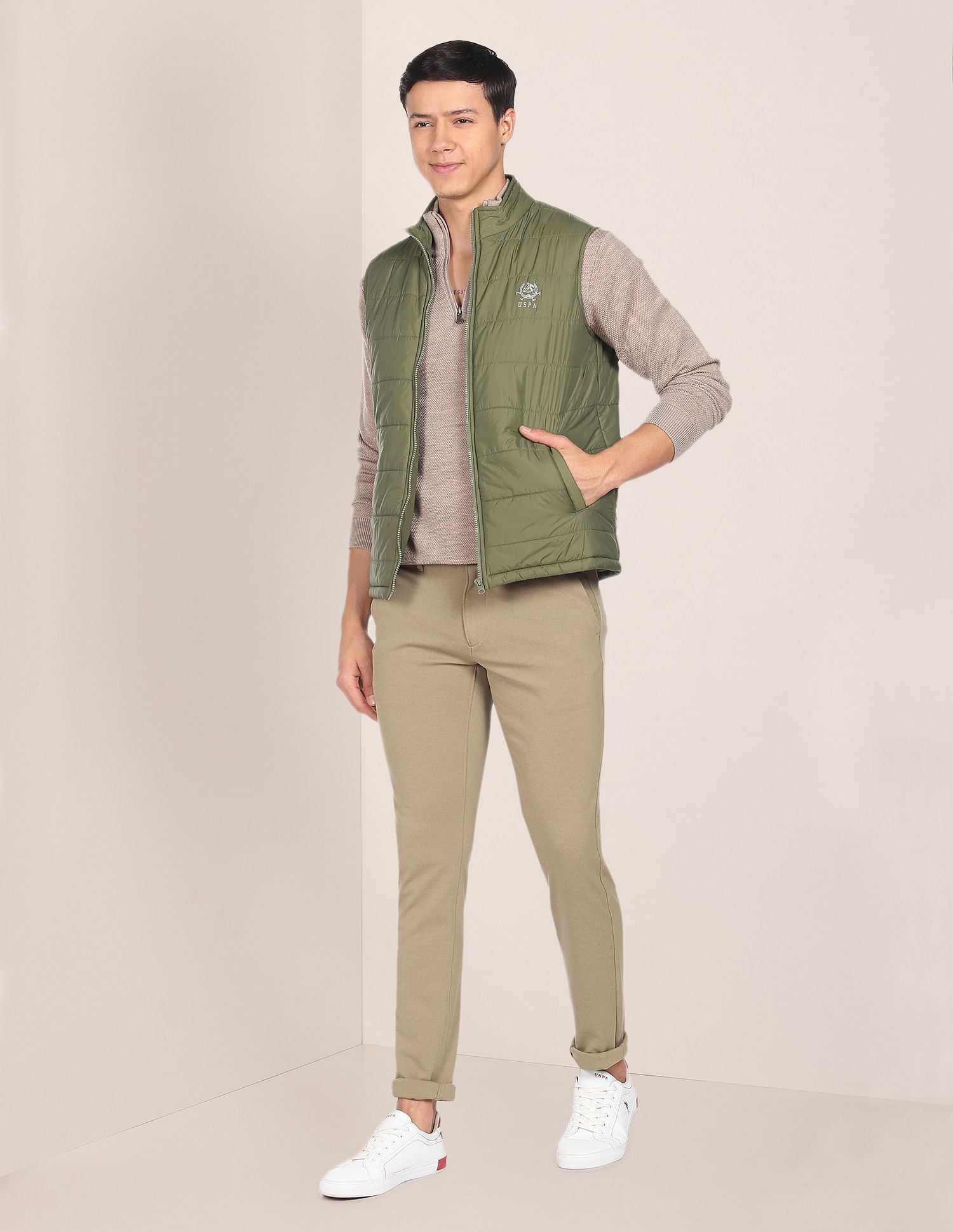 High Neck Sleeveless Solid Padded Jacket Olive - U.S. POLO ASSN. | Large