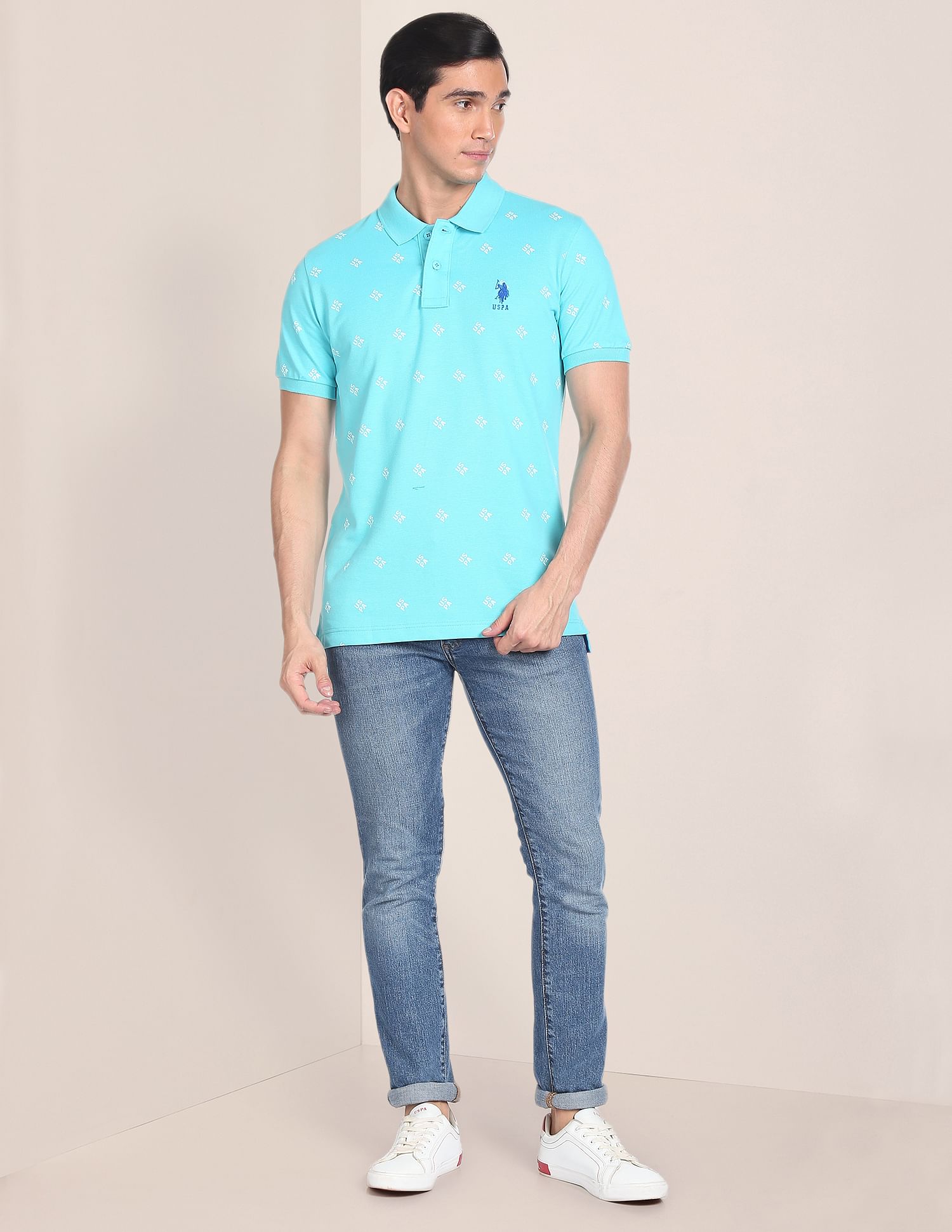 Geometric Brand Print Polo Shirt Light Blue - U.S. Polo Assn. India | Large