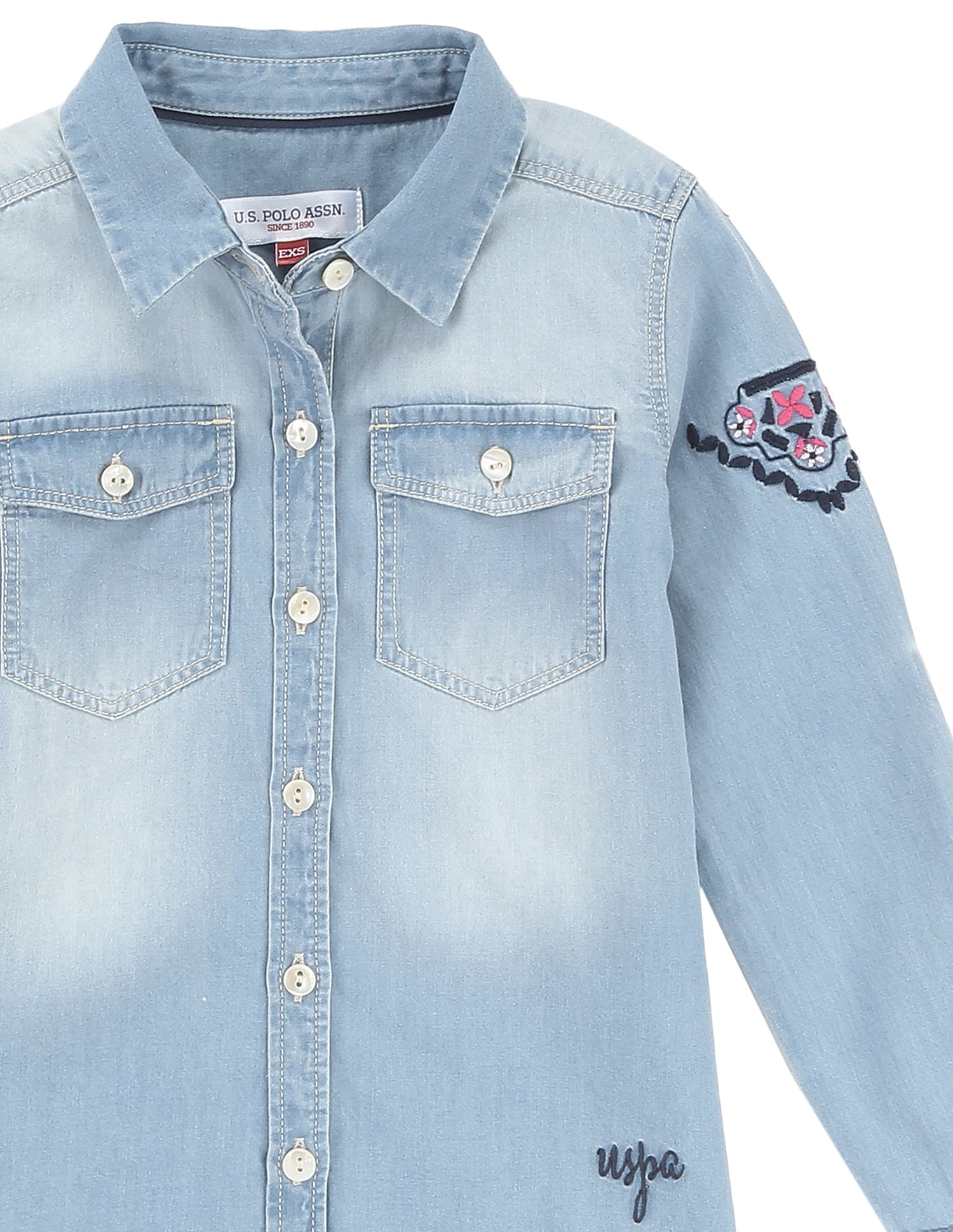 Girls Washed Denim Shirt Light Blue - U.S. POLO ASSN. | Large