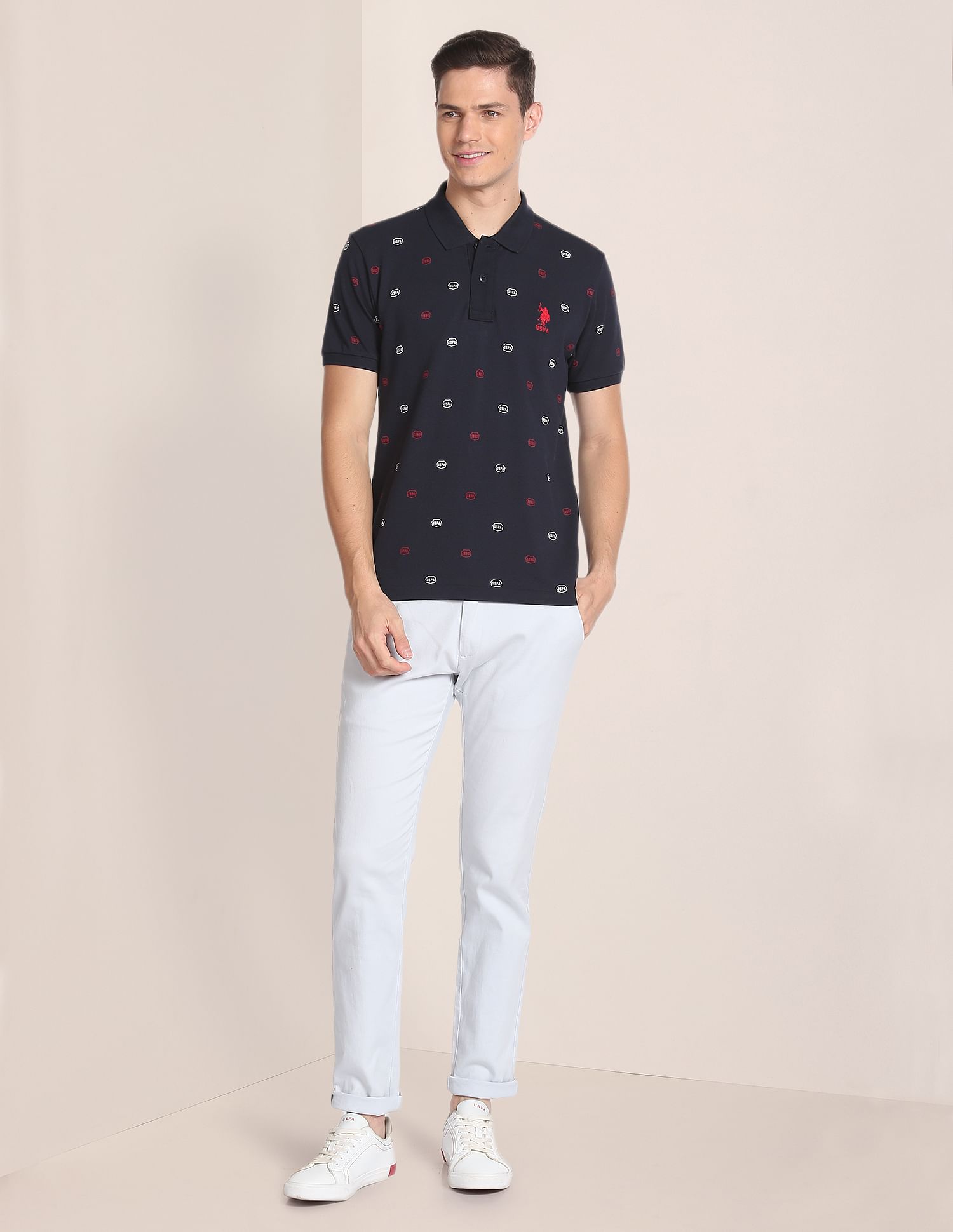 All Over Brand Print Cotton Polo Shirt Navy - U.S. Polo Assn. India | Large