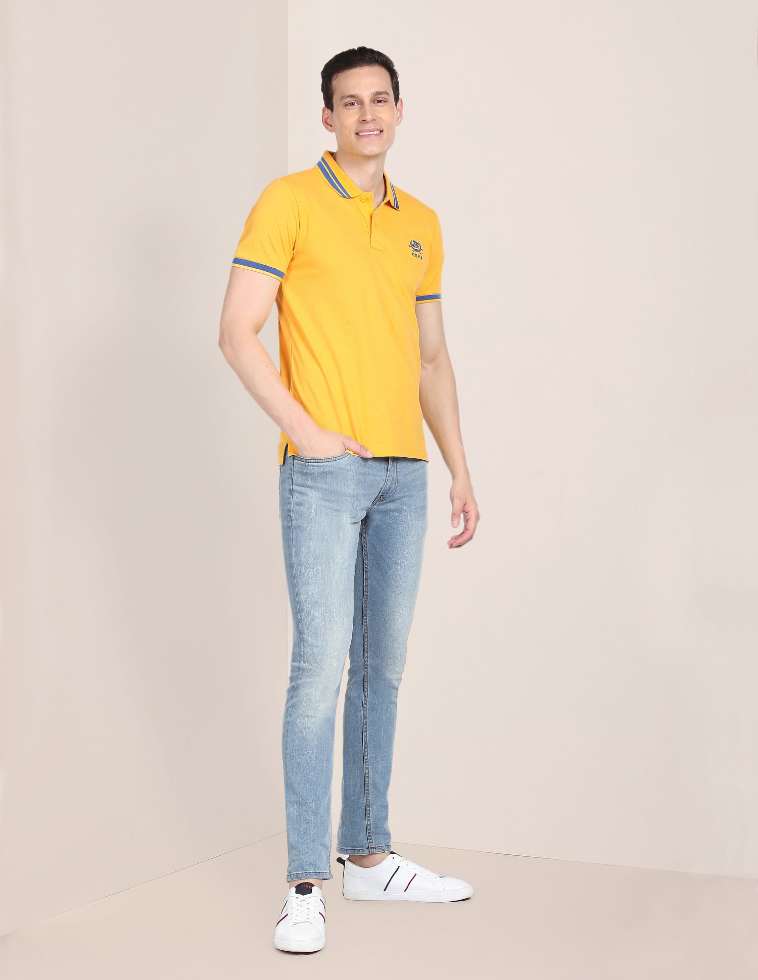 Striped Collar Cotton Pique Polo Shirt Yellow - U.S. POLO ASSN. | Large