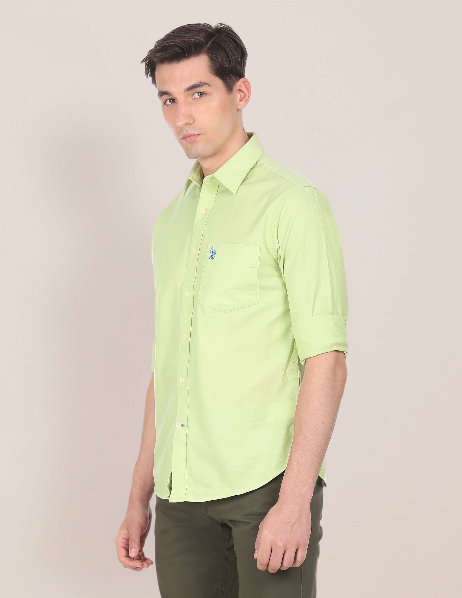 Spread Collar Solid Casual Shirt Light Green - U.S. Polo Assn. India | Large