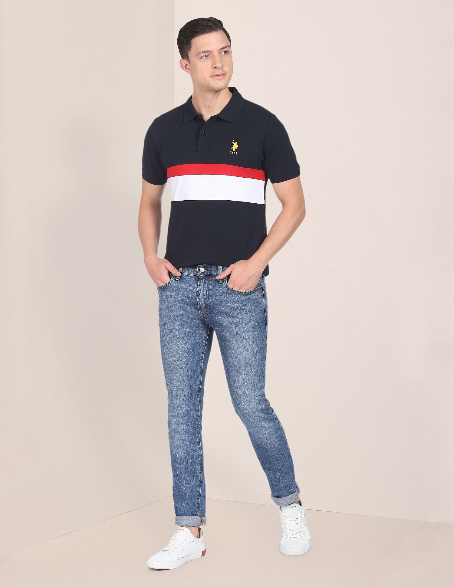 Colour Block Panelled Cotton Polo Shirt Navy - U.S. POLO ASSN. | Large