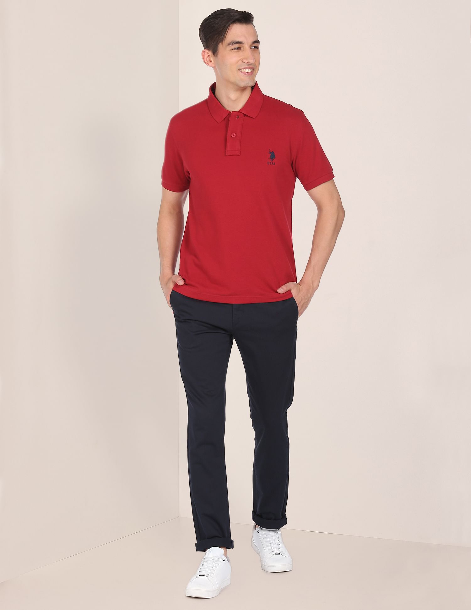 Ribbed Collar Solid Polo Shirt Dark Red - U.S. Polo Assn. India | Large