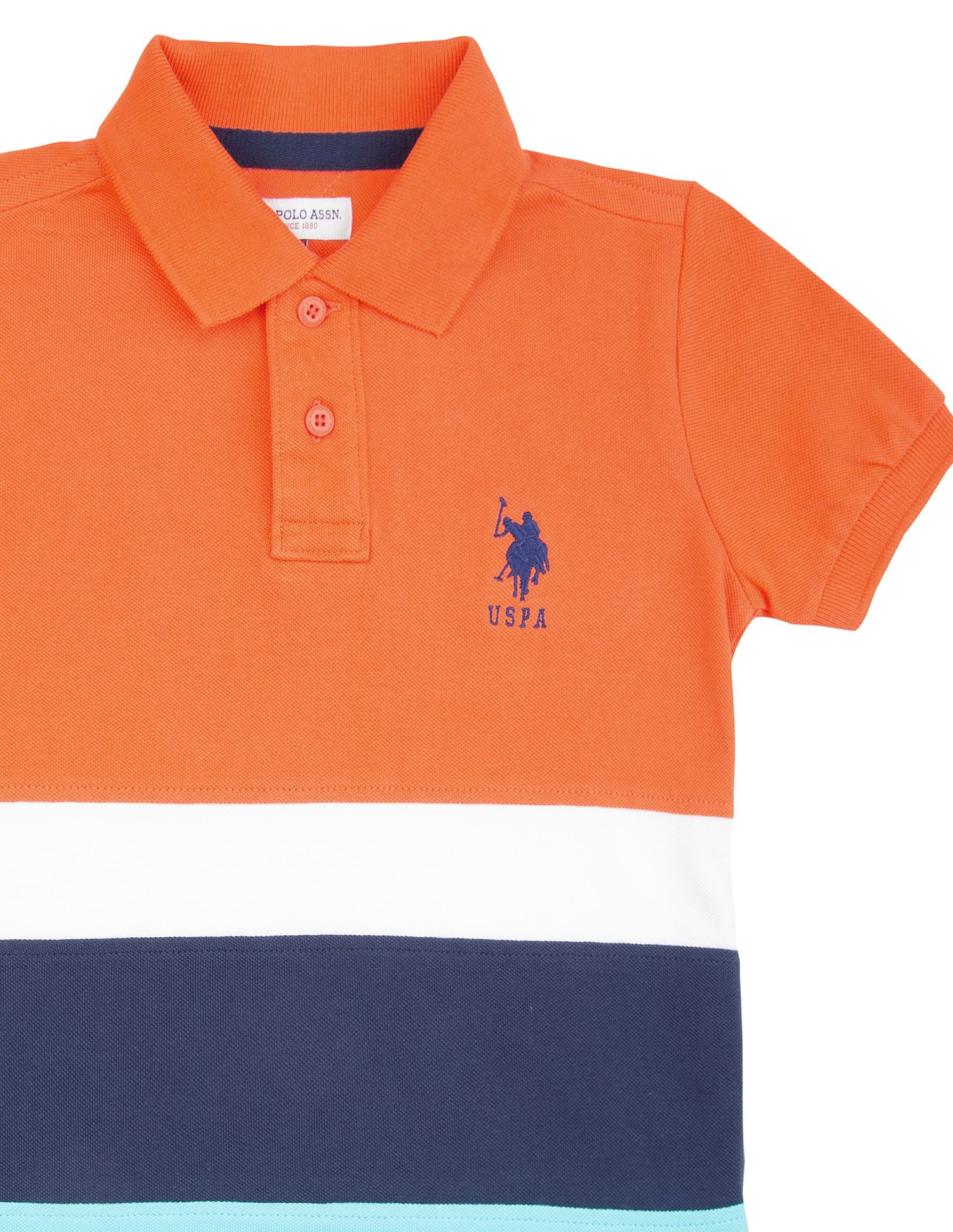 Boys Striped Cotton Pique Polo Shirt Neon Orange and Navy - U.S. Polo Assn. India | Large