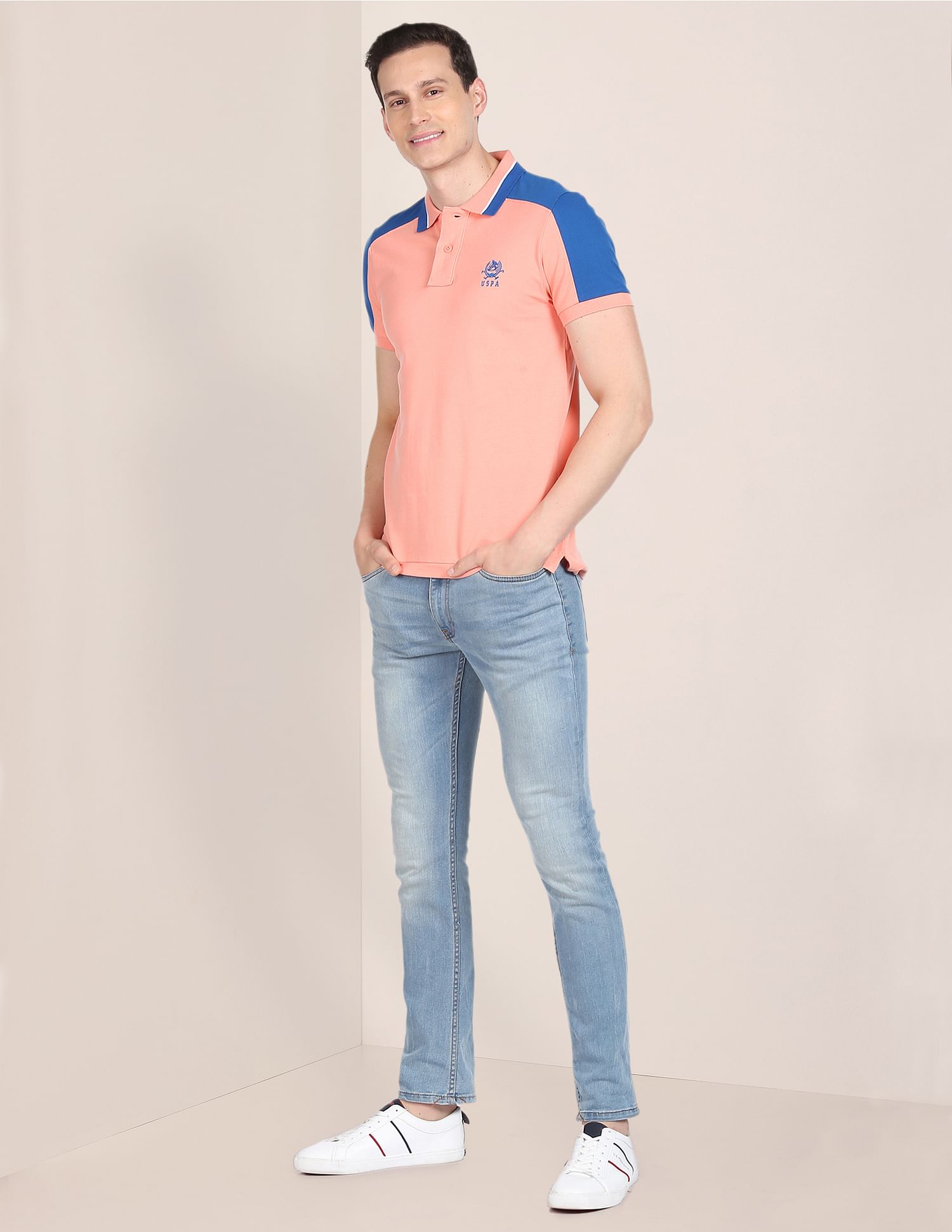 Colour Block Cotton Pique Polo Shirt Peach and Blue - U.S. POLO ASSN. | Large