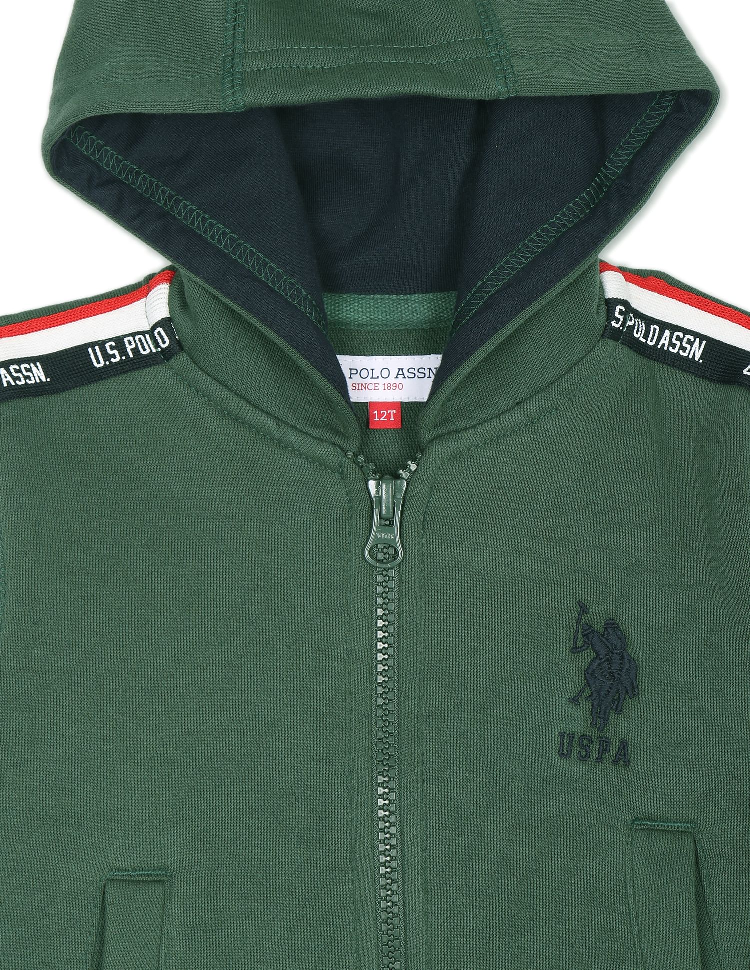 Hooded Zip Up Brand Taped Sweatshirt Dark Green - U.S. POLO ASSN. | Large
