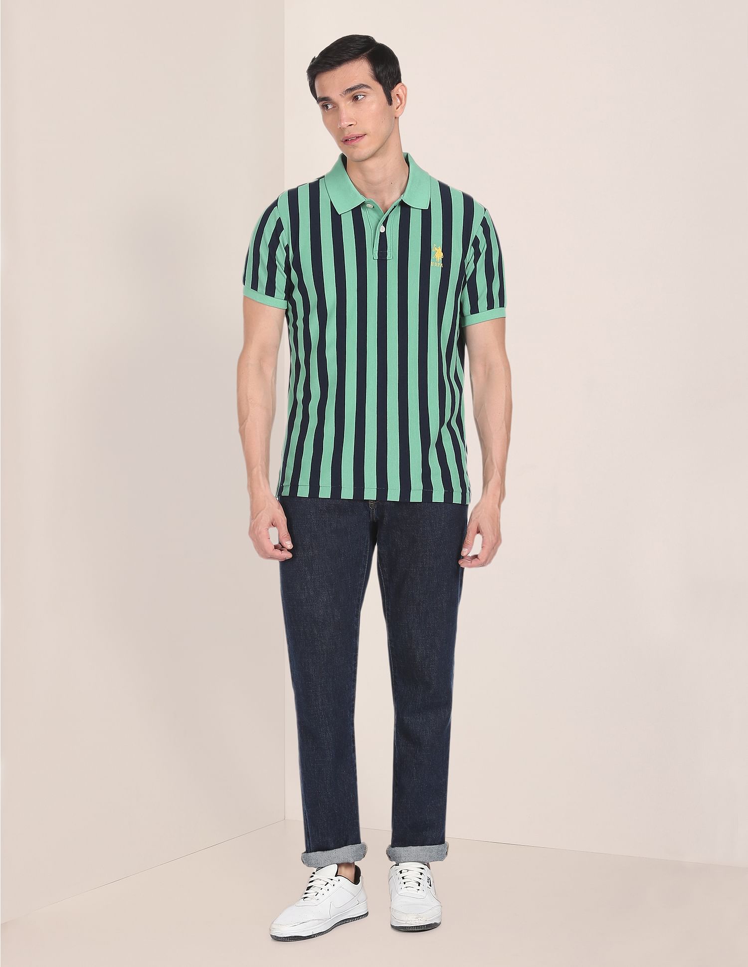 Pique Striped Polo Shirt Light Green - U.S. Polo Assn. India | Large
