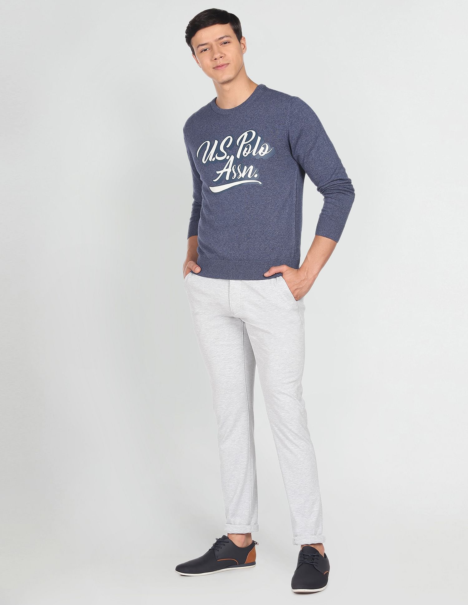 Men Blue Crew Neck Brand Print Heathered Sweater Blue - U.S. POLO ASSN. | Large