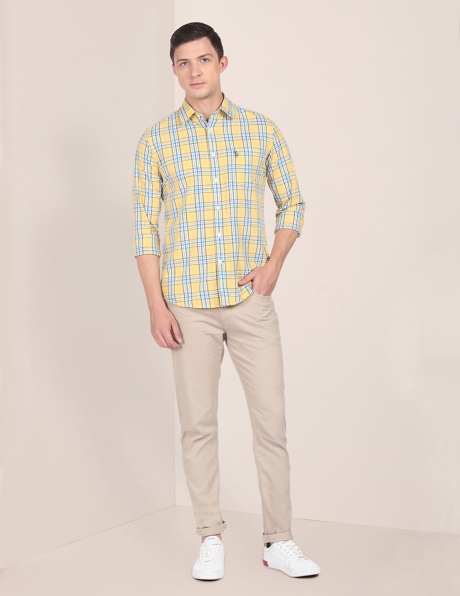 Men Yellow Tartan Check Cotton Casual Shirt Yellow - U.S. POLO ASSN. | Large