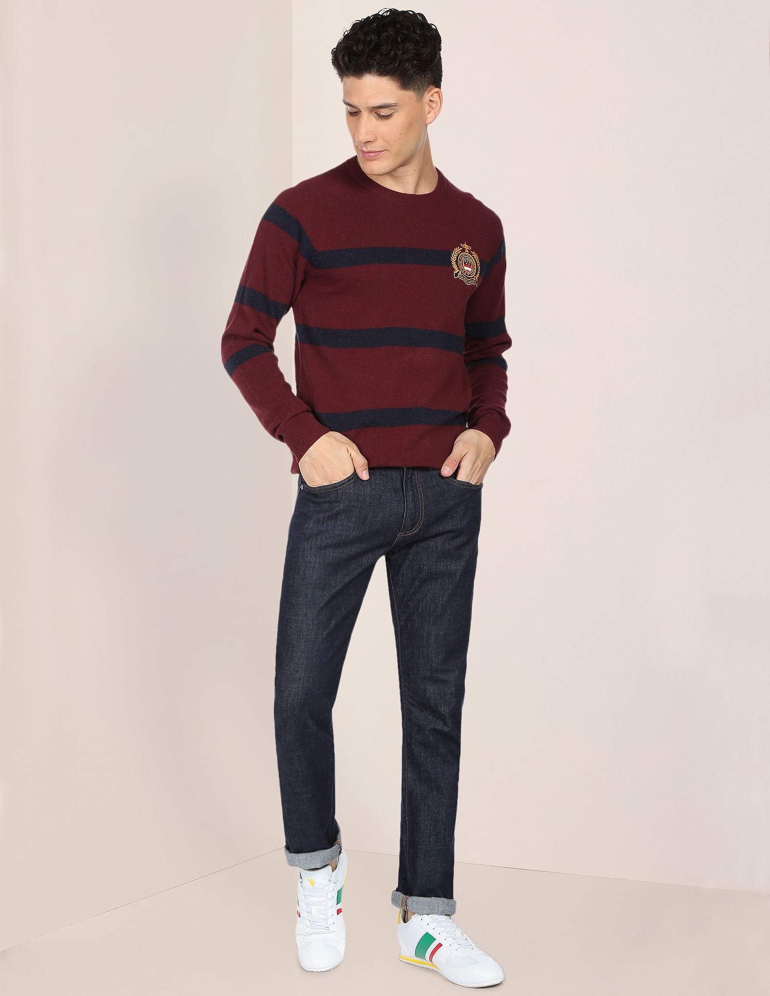 Crew Neck Horizontal Stripe Sweater Maroon - U.S. Polo Assn. India | Large