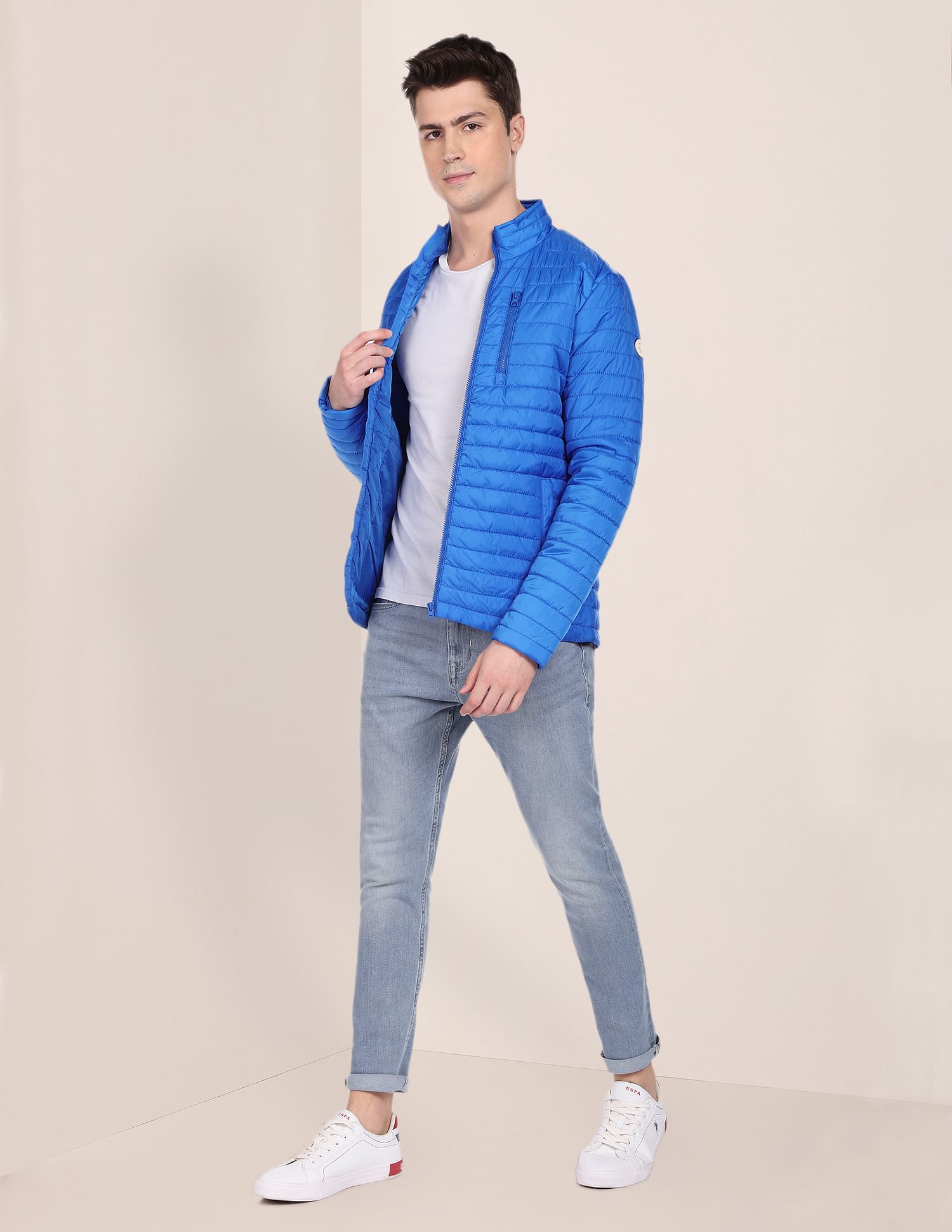 Solid Zip Up Quilted Jacket Blue - U.S. Polo Assn. India | Large