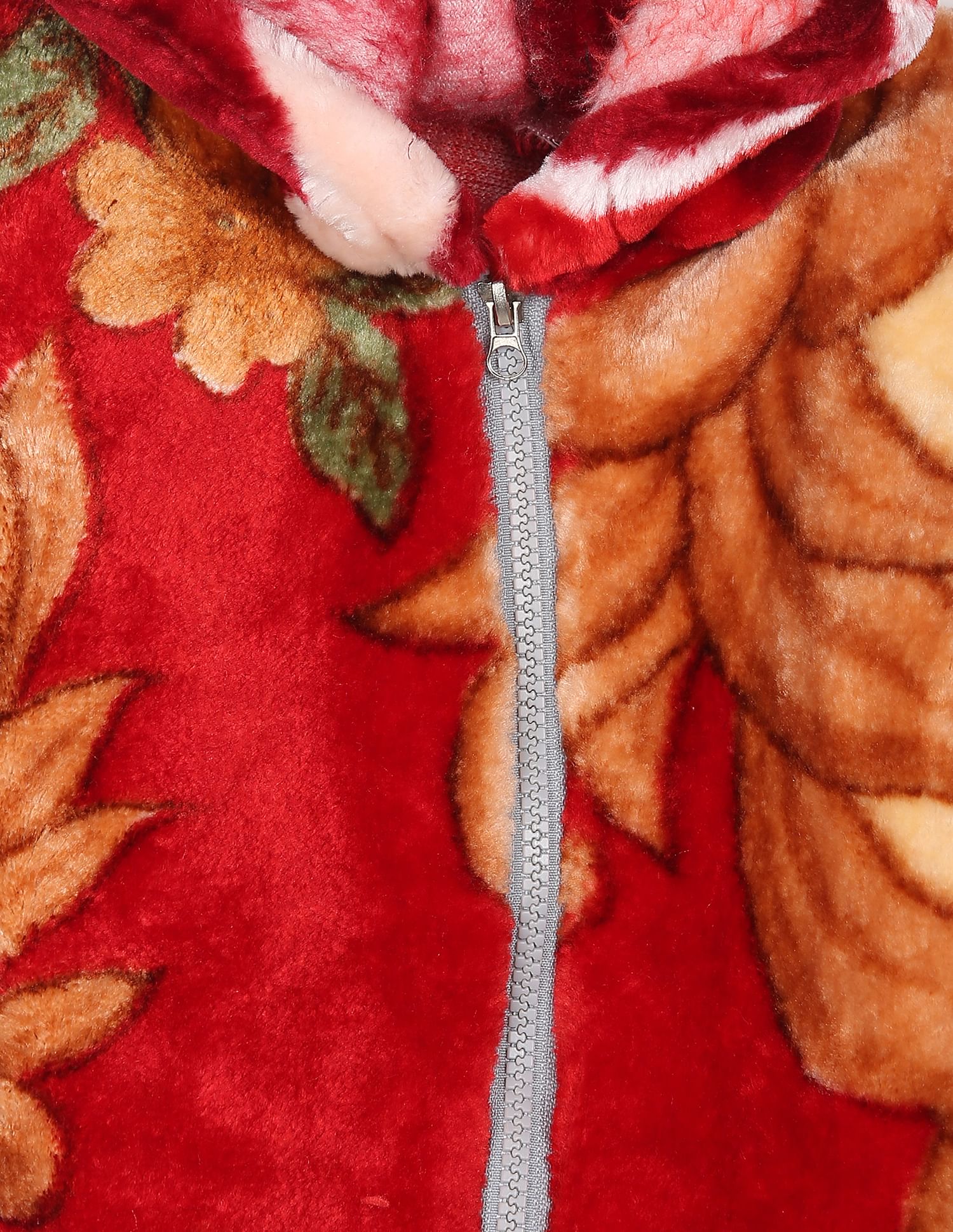 Hooded Floral Faux Fur Zip Up Jacket Red - U.S. POLO ASSN. | Large