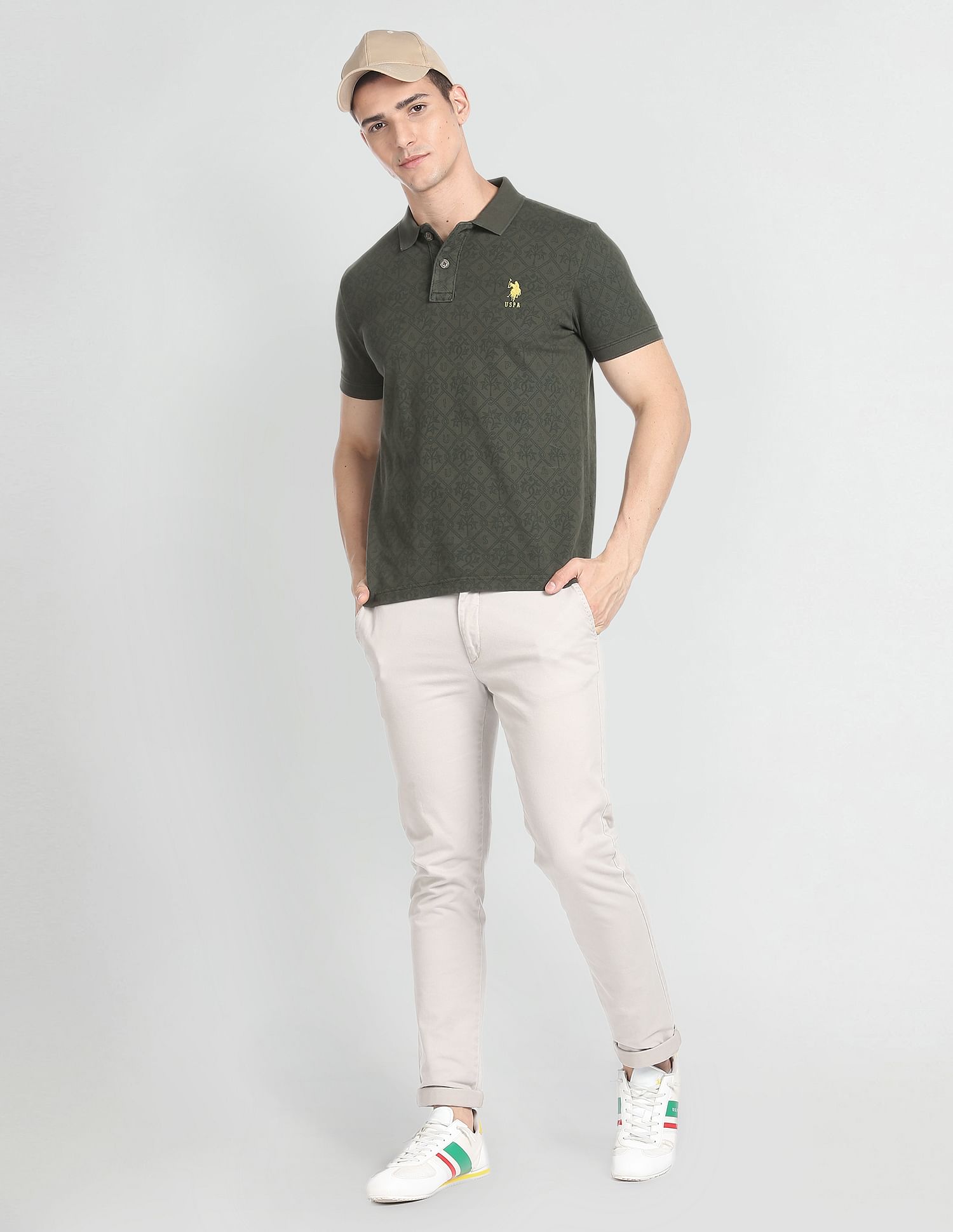 Floral Print Cotton Polo Shirt Olive - U.S. POLO ASSN. | Large