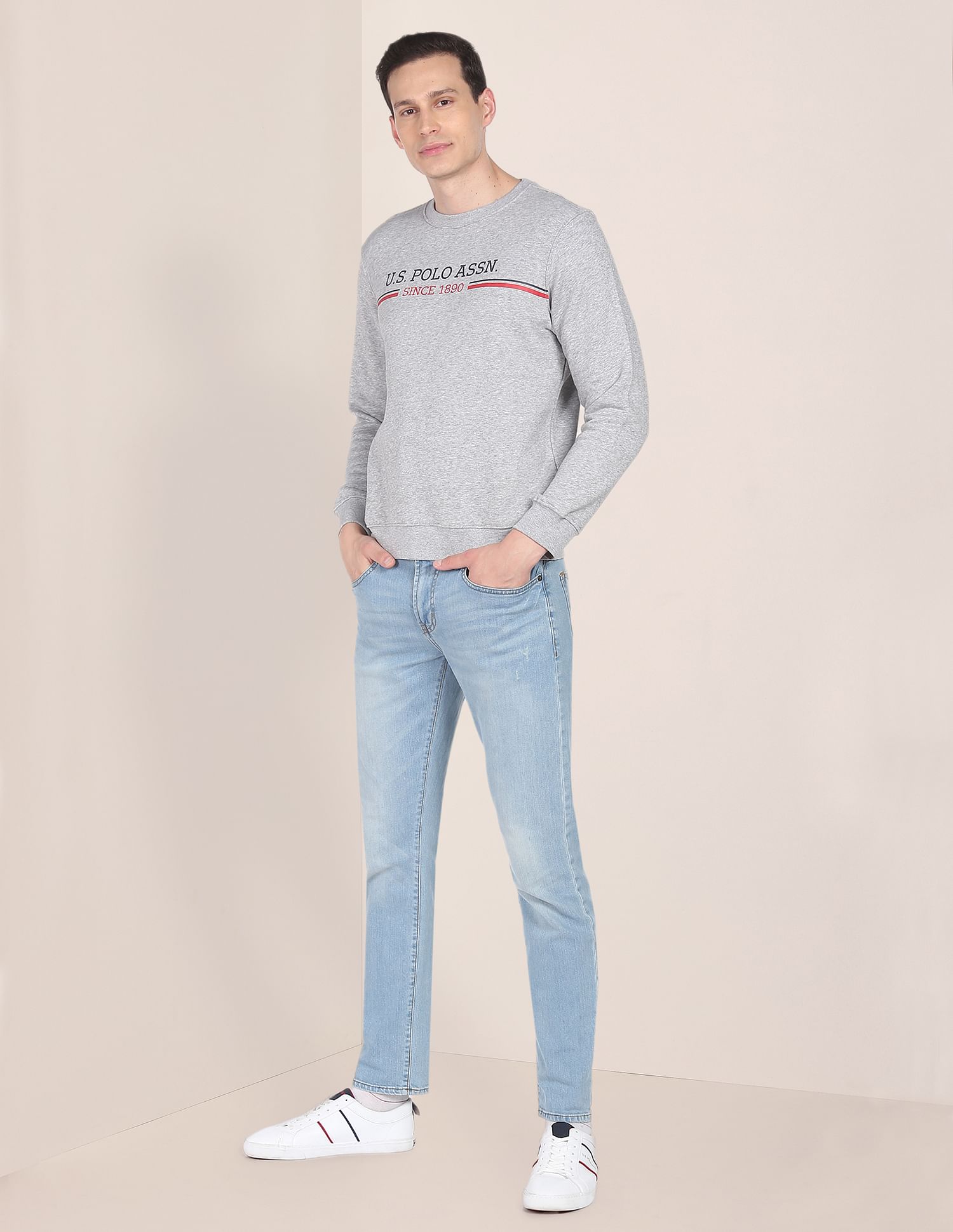 Crew Neck Heathered Typography Print Sweatshirt Grey - U.S. Polo Assn. India | Large