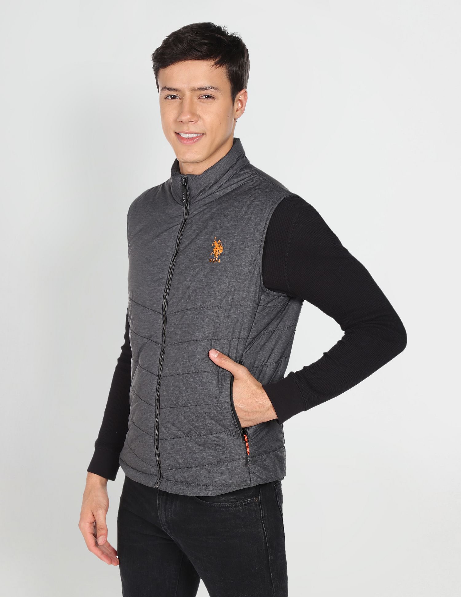 High Neck Sleeveless Solid Padded Jacket Grey - U.S. POLO ASSN. | Large